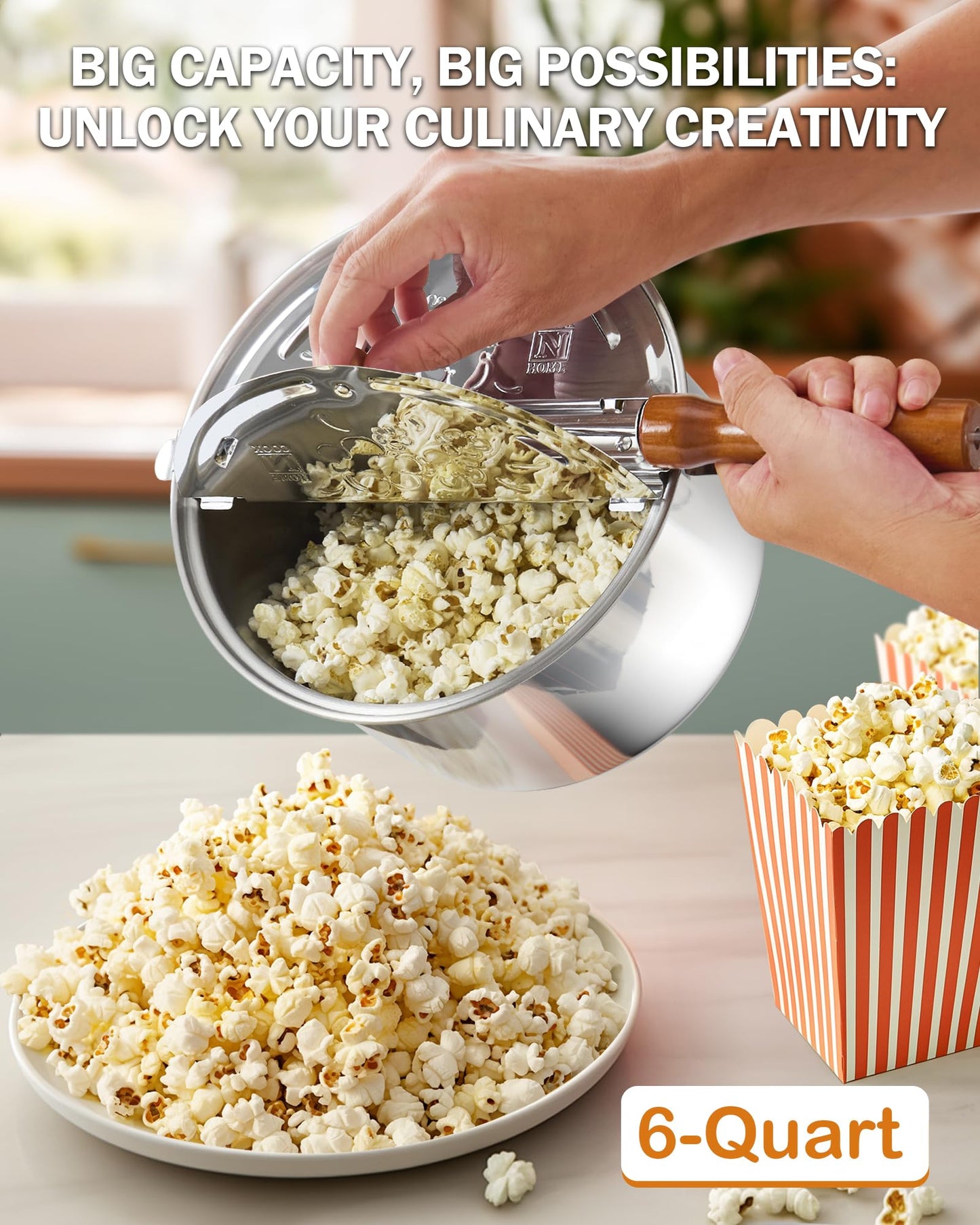 Cook N Home Basics 6 Quart Stovetop Popcorn Popper with Crank, 3-Minute Stirring Popcorn Maker, Stainless Steel Popcorn Pot with Metal Gears