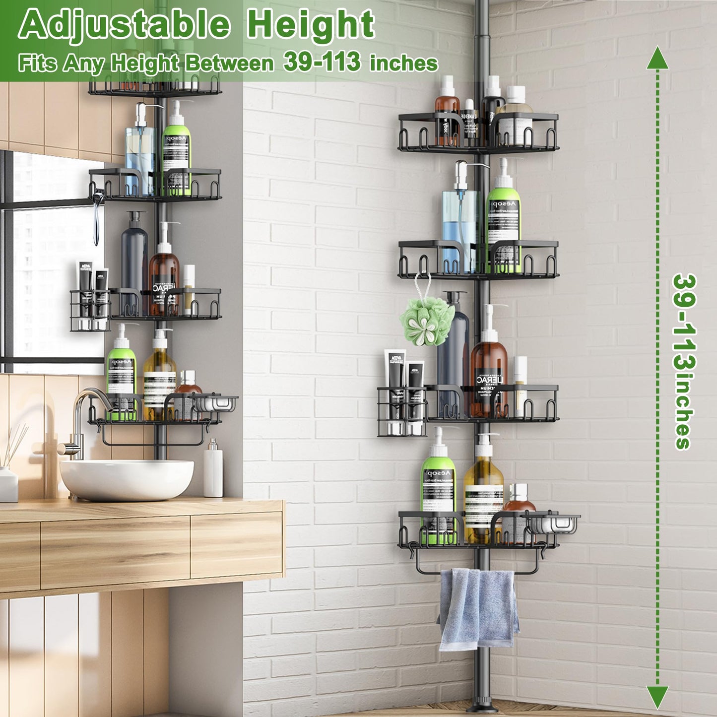 Clothink Corner Shower Caddy Tension Pole 4 Tier Adjustable Stainless Steel Shower Shelf for Inside Shower Bathtub Shampoo,Standing Bathroom Organizer Shelves with 39 to 113 inch Height