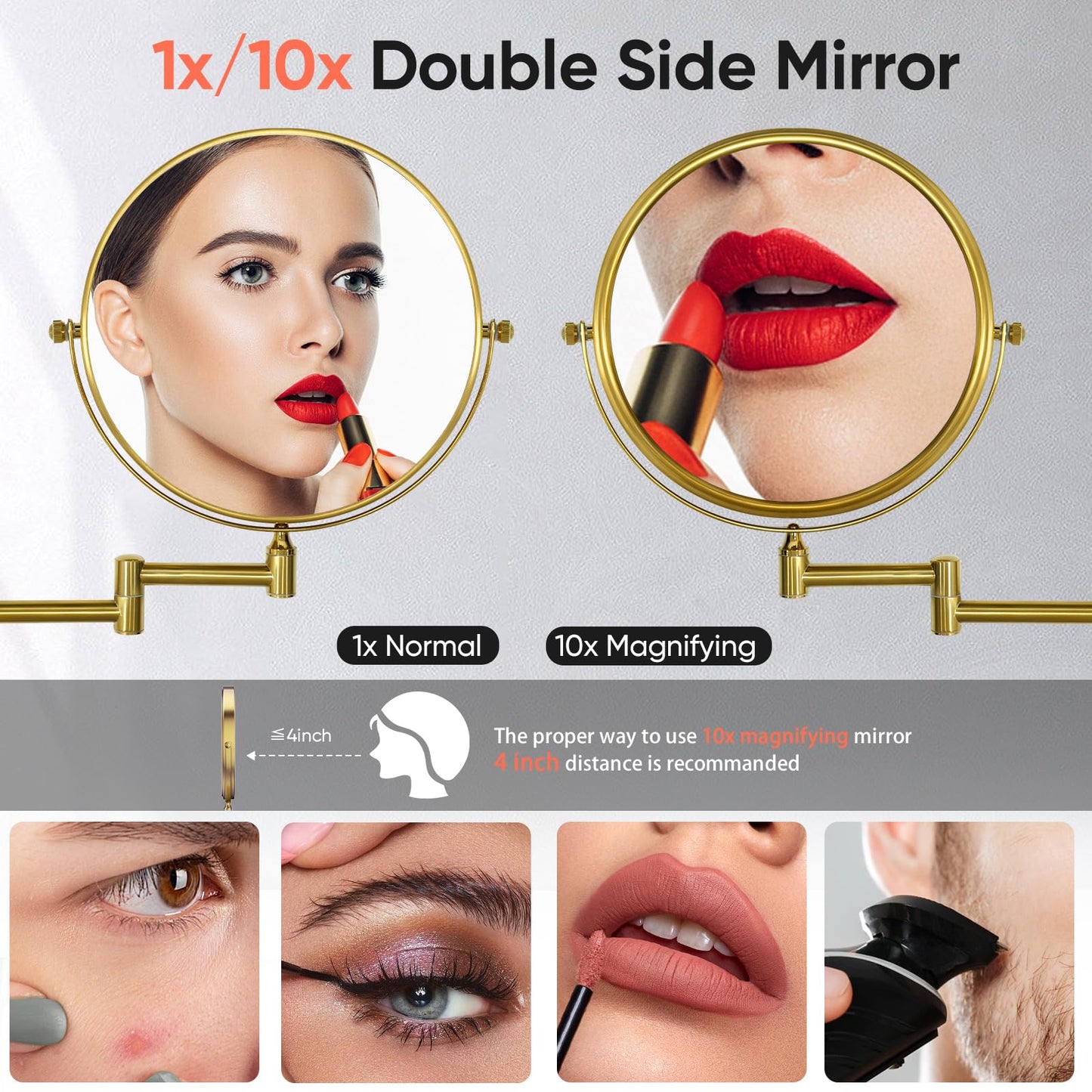 GURUN 8" Wall Mounted Makeup Mirror with 10X Magnification,Two-Sided Swivel Bathroom Mirror,Brushed Gold Finish M1306GJ(8",10X) for Women Mom