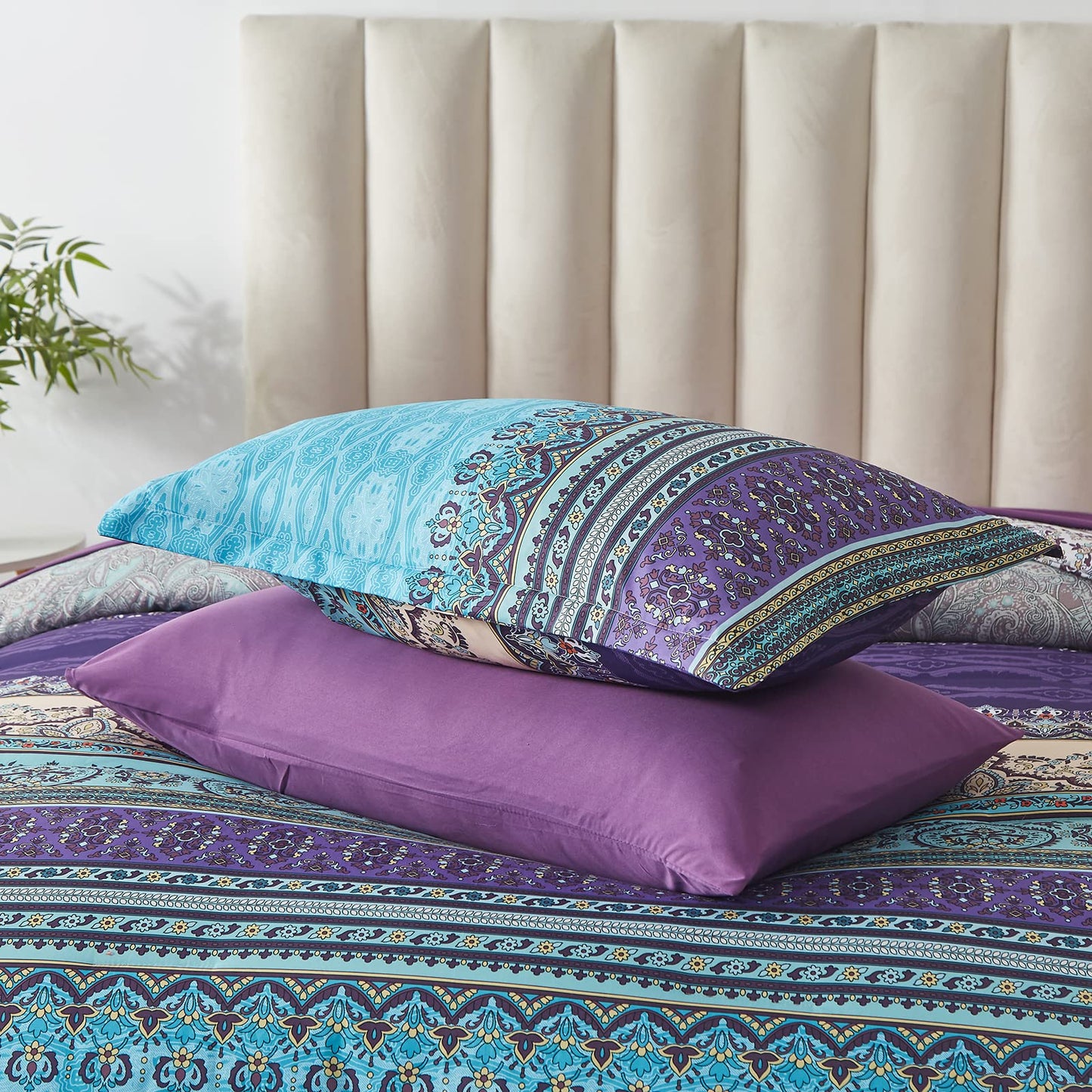 Cottolester Boho Comforter Set Full Size 8 Piece Bed in a Bag Bohemian Striped Bedding Quilt Set Aqua Paisley Floral Comforter and Sheet Set,Soft Microfiber Complete Bedding Sets for All Season