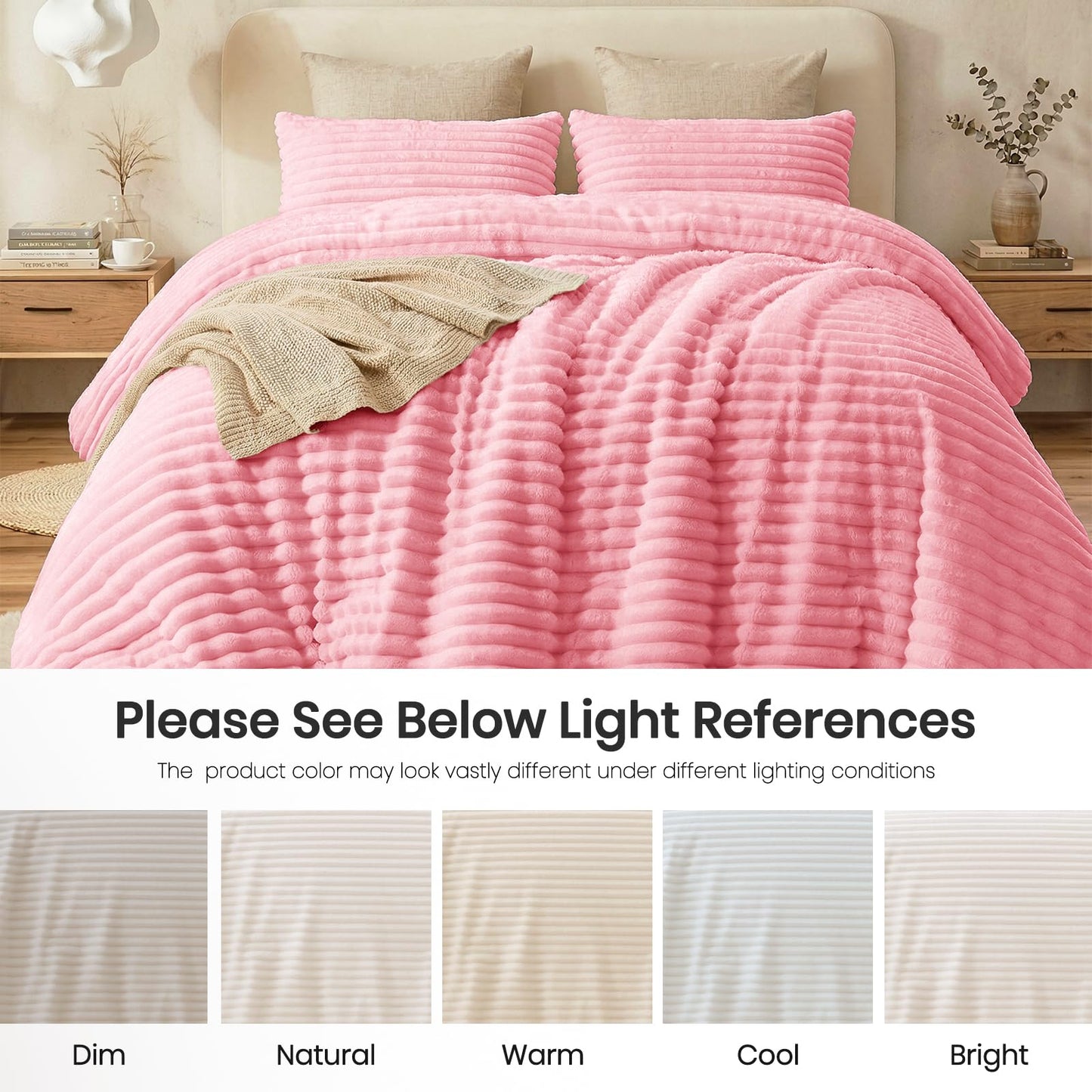 Quataly Marshmallow Queen Fleece Comforter Set Pink Faux Fur Fluffy Comforter Set Luxury Bedding Set Soft Plush Fuzzy Warm Bed Set All Season 3 Pieces (1 Shaggy Comforter, 2 Pillowcases)