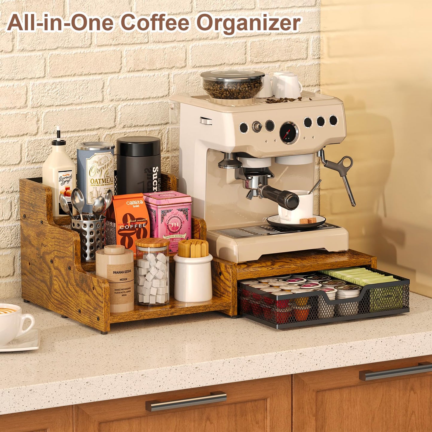 Bliesosfud Coffee Station Organizer with K Cup Holder, 28 Pod Capacity,3-Tier Syrup Rack with Coffee Pod Holder Drawer, Coffee Bar organizer Countertop for Accessories,Rustic Brown