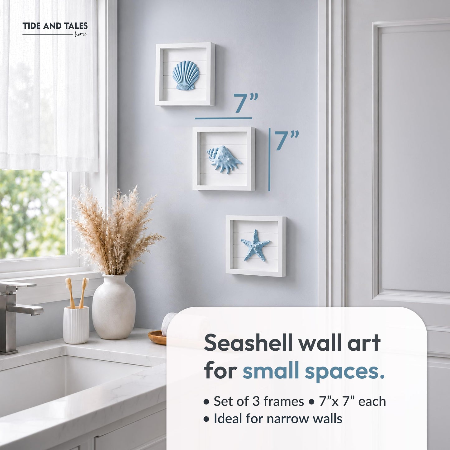 TideAndTales Blue Seashells and Starfish (Framed Set of 3) Coastal 3D Wall Art, Beach Wall Decor for Bathroom or Coastal Bedroom, Ocean Inspired Seaside Decorations for Home or Beach House (7"x7")
