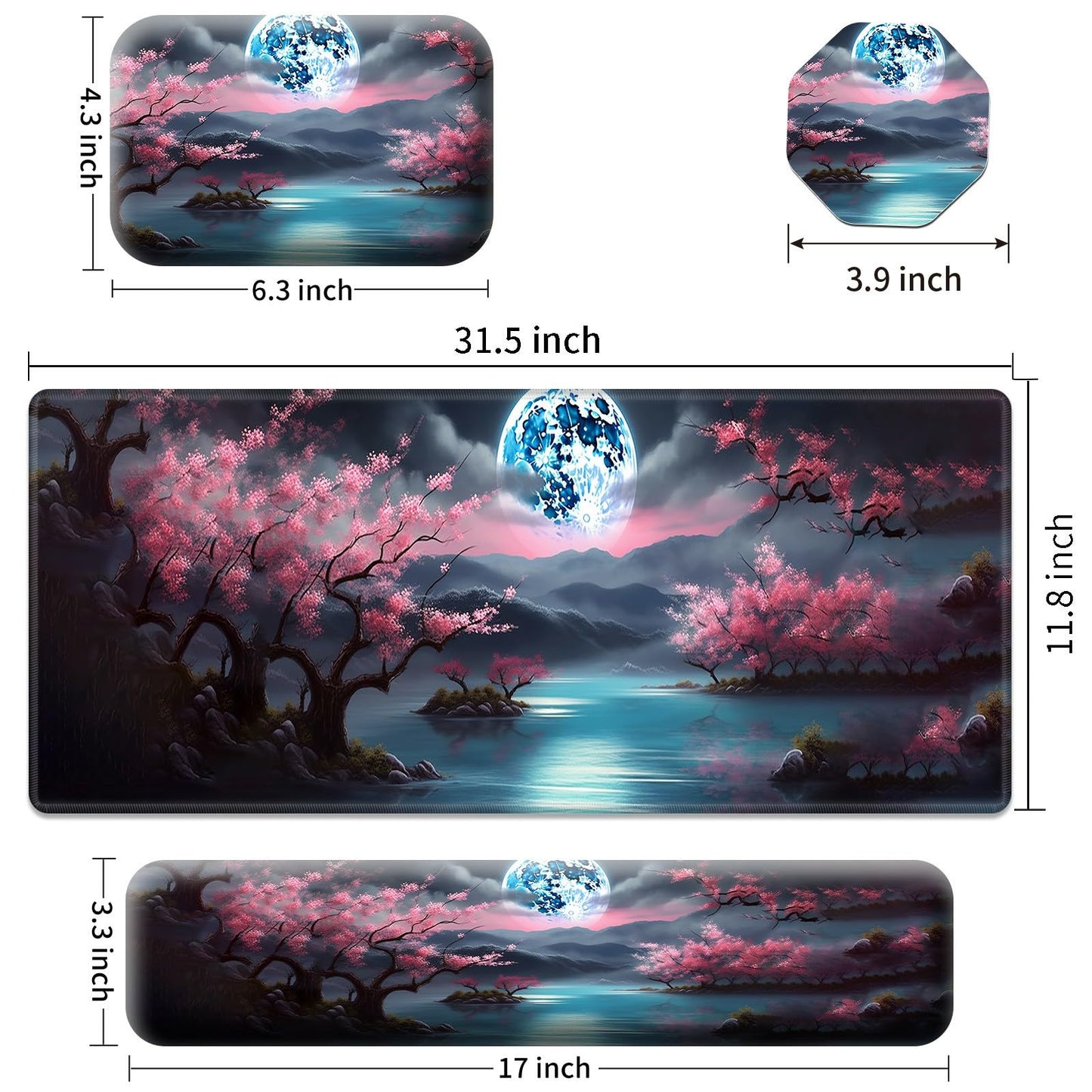 Large Gaming Mouse Pad+Memory Foam Ergonomic Keyboard Wrist Rest Support+Wrist Rest+Coaster, Extended Desk Pad Set, Stitched Edge Non Slip Desk Mat 4PC for Office & Home, Moon Cherry Blossom