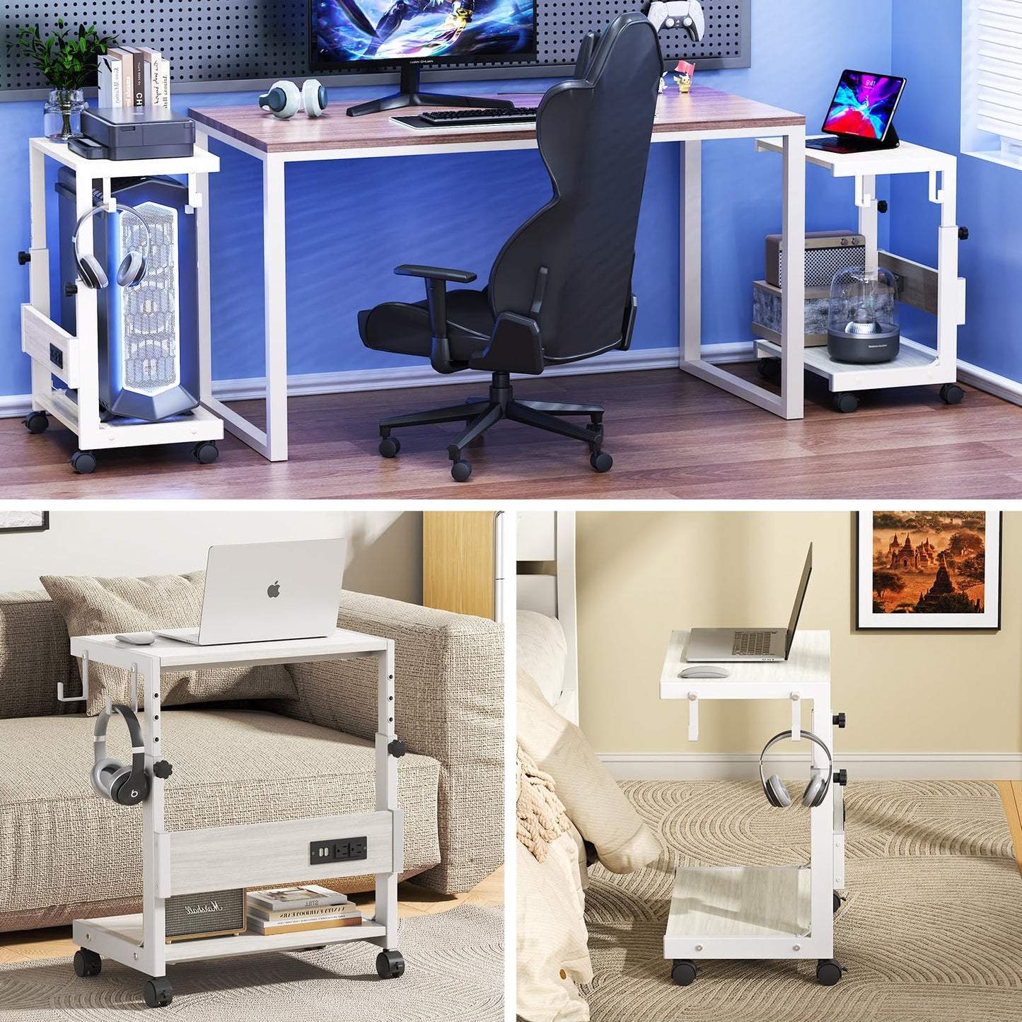 Hovadova Computer Tower Stand with Charge Station and USB Charging Port - Height Adjustable PC Tower Stand, Under Desk CPU Holder Cart with Locking Caster Wheels for Fits Most PC