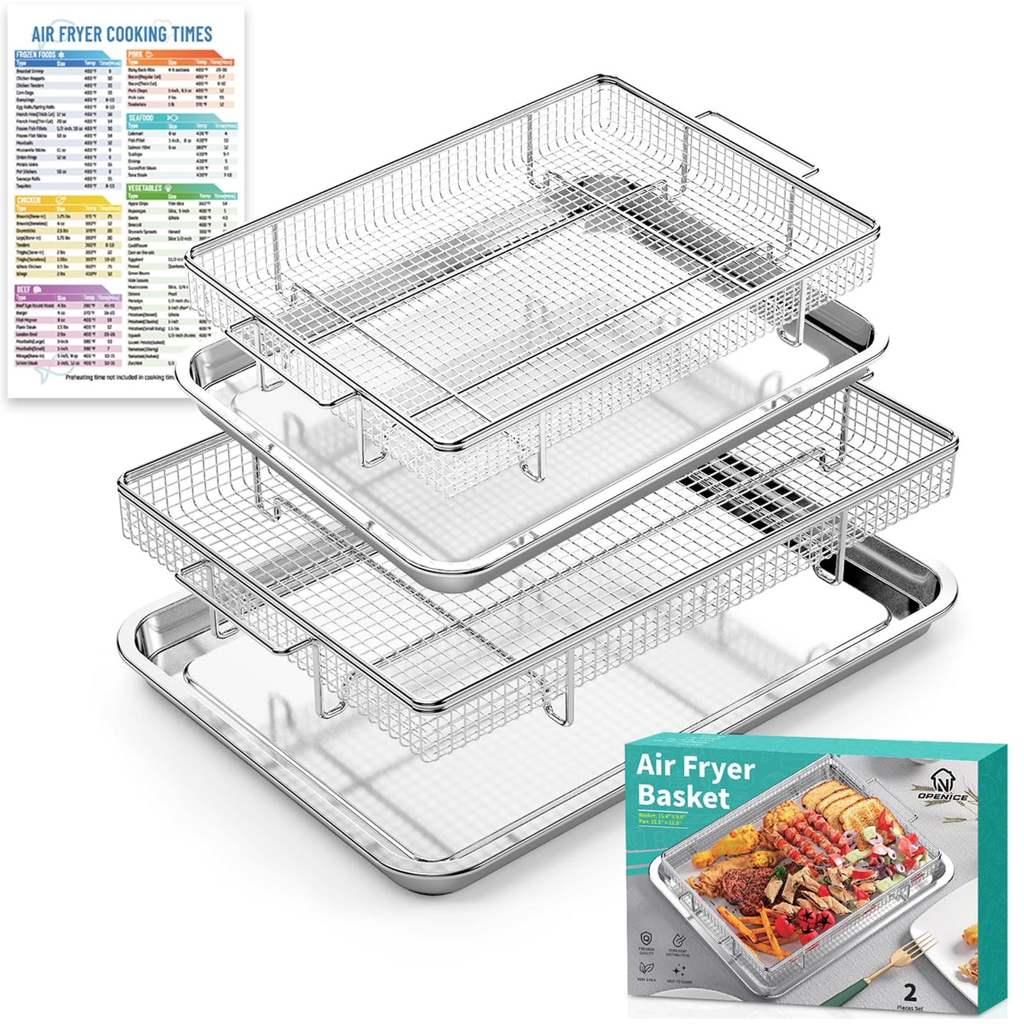 Air Fryer Basket for Oven, 25% Thicker, OPENICE 2 Set Oven Air Fryer Basket and Tray with Magnetic Cheat Sheet, Stainless Steel Air Fryer Pans and Crisper Tray for Convention