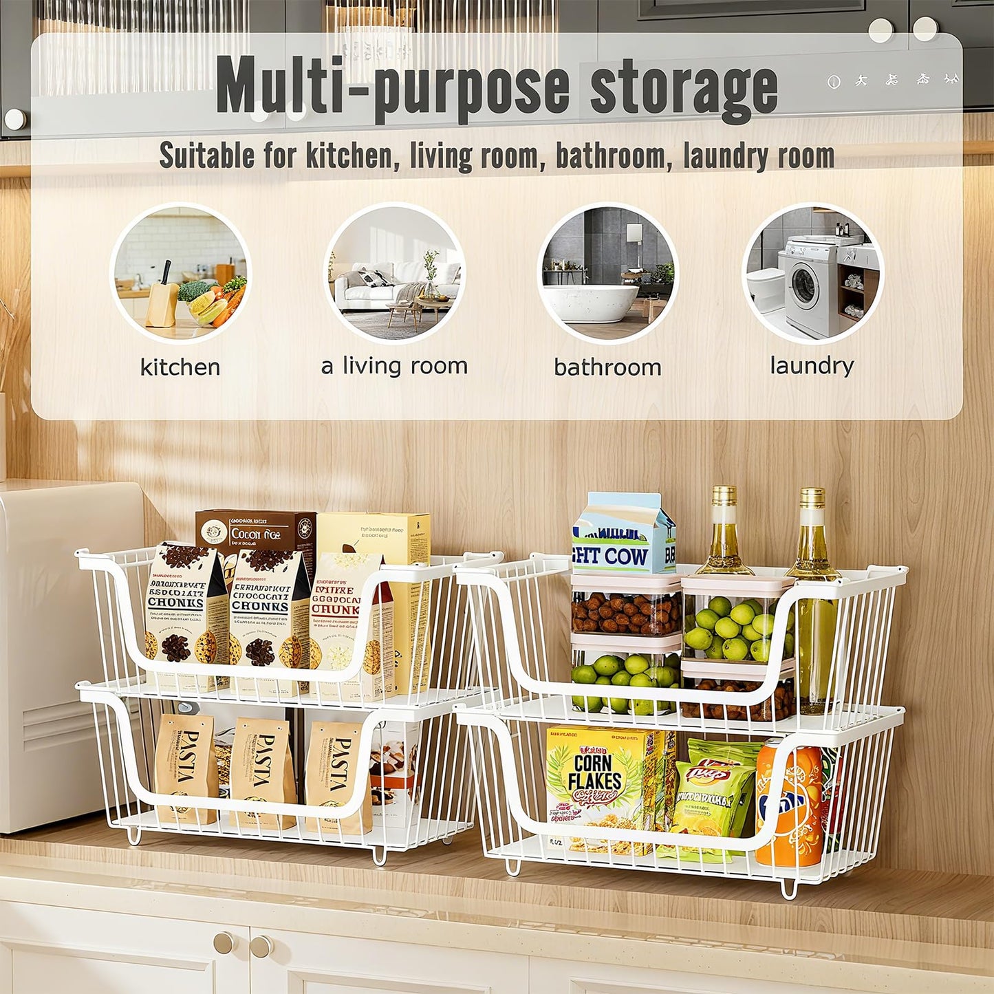 GAOKASE 4 Pcs Stackable Wire Baskets for Pantry Organizers and Storage,Vegetable Fruit Basket for Countertop,Kitchen Storage Metal Baskets,Produce Potato Onion Storage Bin,White