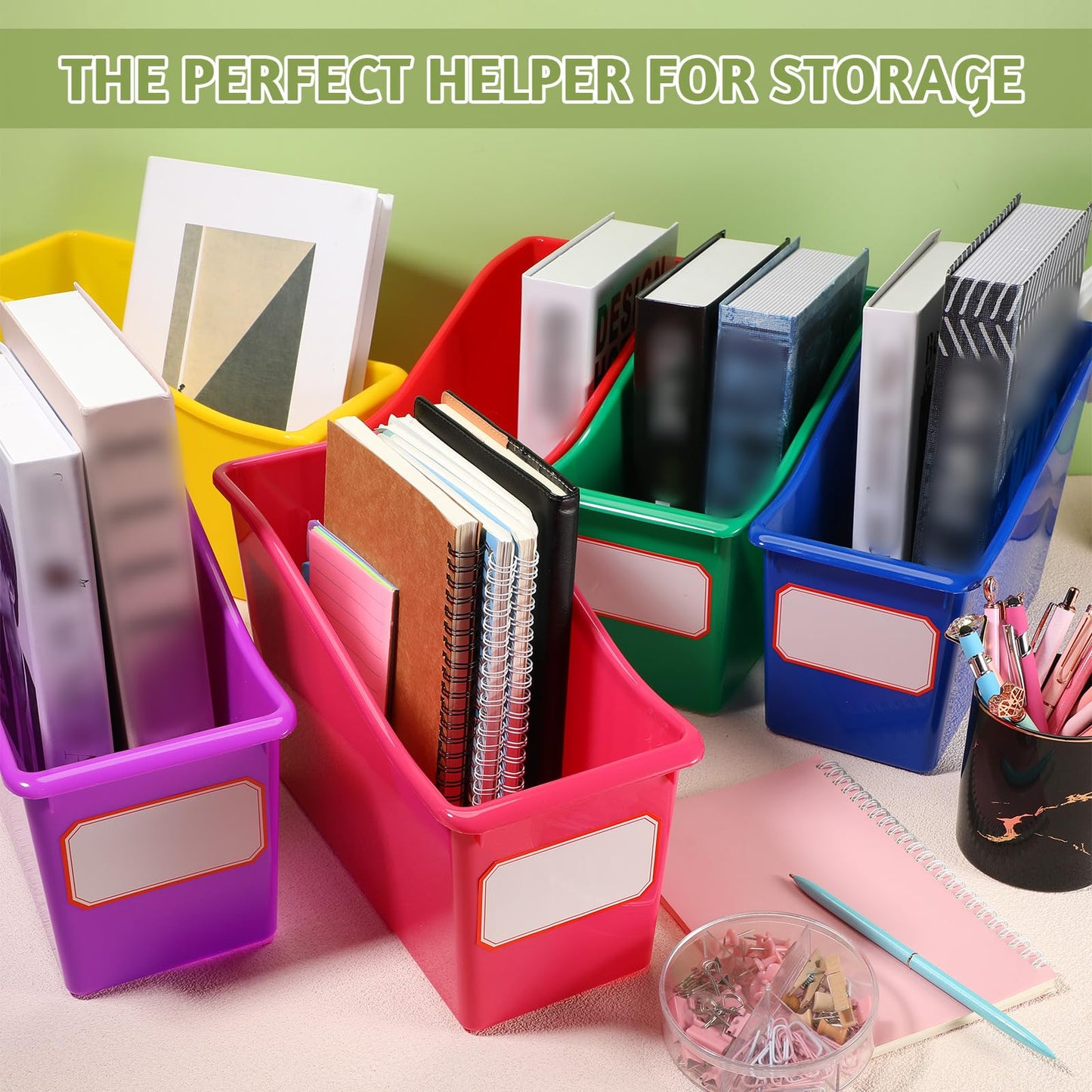 Teling 12 Pcs Book Bins Bulk - Plastic Book Storage Bin with Labels for Classroom Interlocking Magazine Holder Organizer Binder Container Box for School Office Desktop Bookshelf Home (Rainbow Bright)
