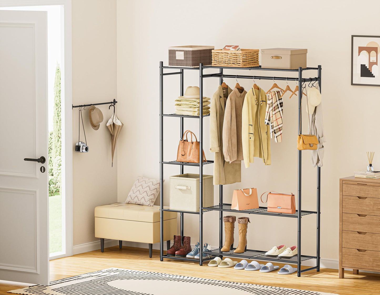 Wardrobe Closet,Portable Clothes Rack with 4 Tiers Shelves,Freestanding Closet Organizers and Storage System with Hanging Rods,Steel Clothing Rack Suitable for Cloakrooms,Bedrooms,Entrances,etc.Black