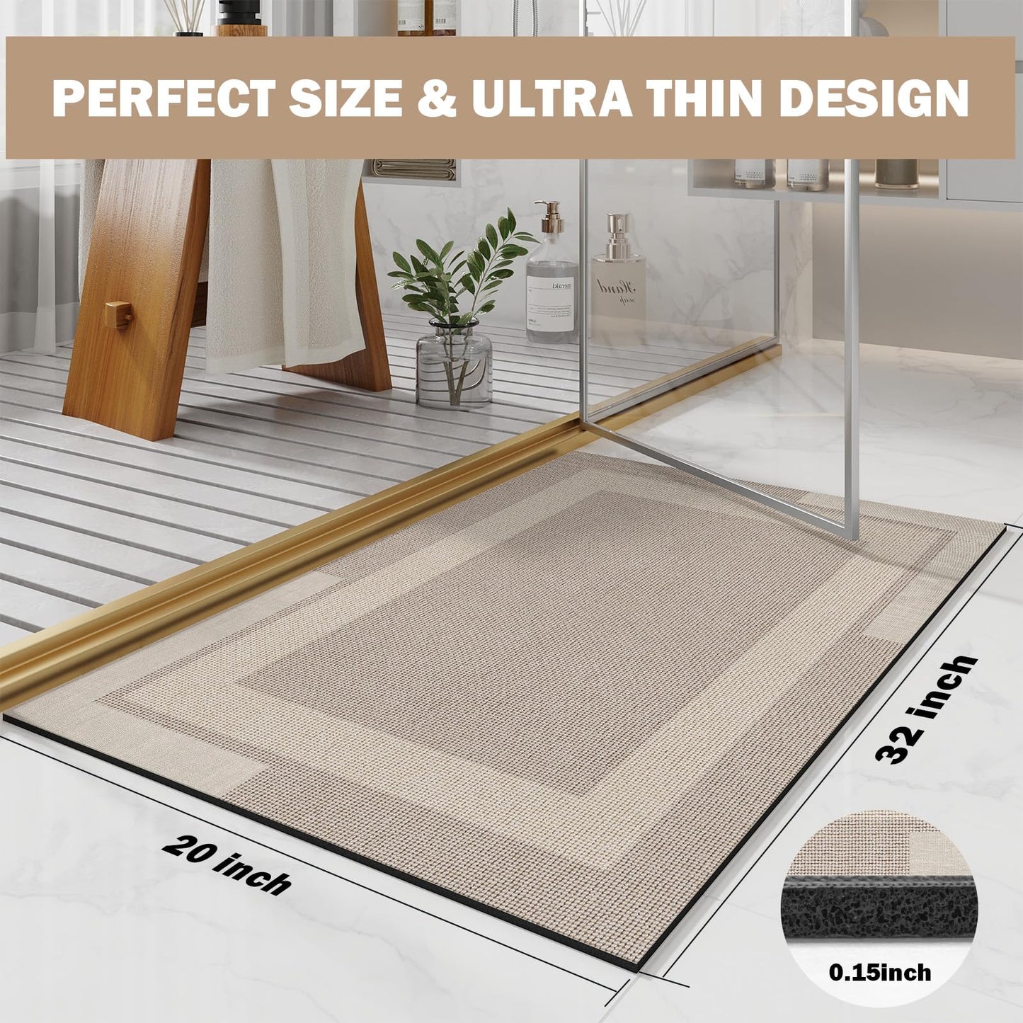 YDKGL Non Slip Bath Mat, Rubber Backing Ultra Thin Bathroom Rugs Fit Under Door Quick Dry Super Absorbent Washable Bath Rug Shower Mat for Bathroom Floor Bathtub Shower Sink, Easy Care Beige 20"x 32"