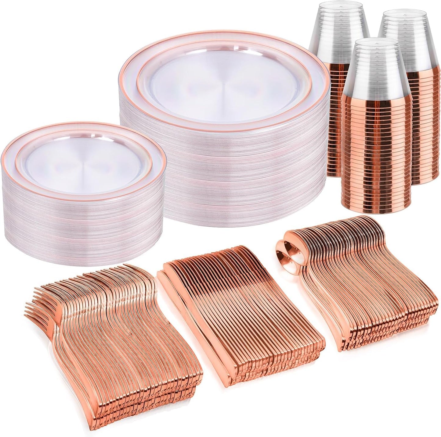 bUCLA 300PCS Rose Gold Plastic Dinnerware - Clear Dinnerware Set Disposable Include 50 Dinner Plates,50 Dessert Plates,50 Knives,50 Forks,50 Spoons,50 Cups for Party & Wedding