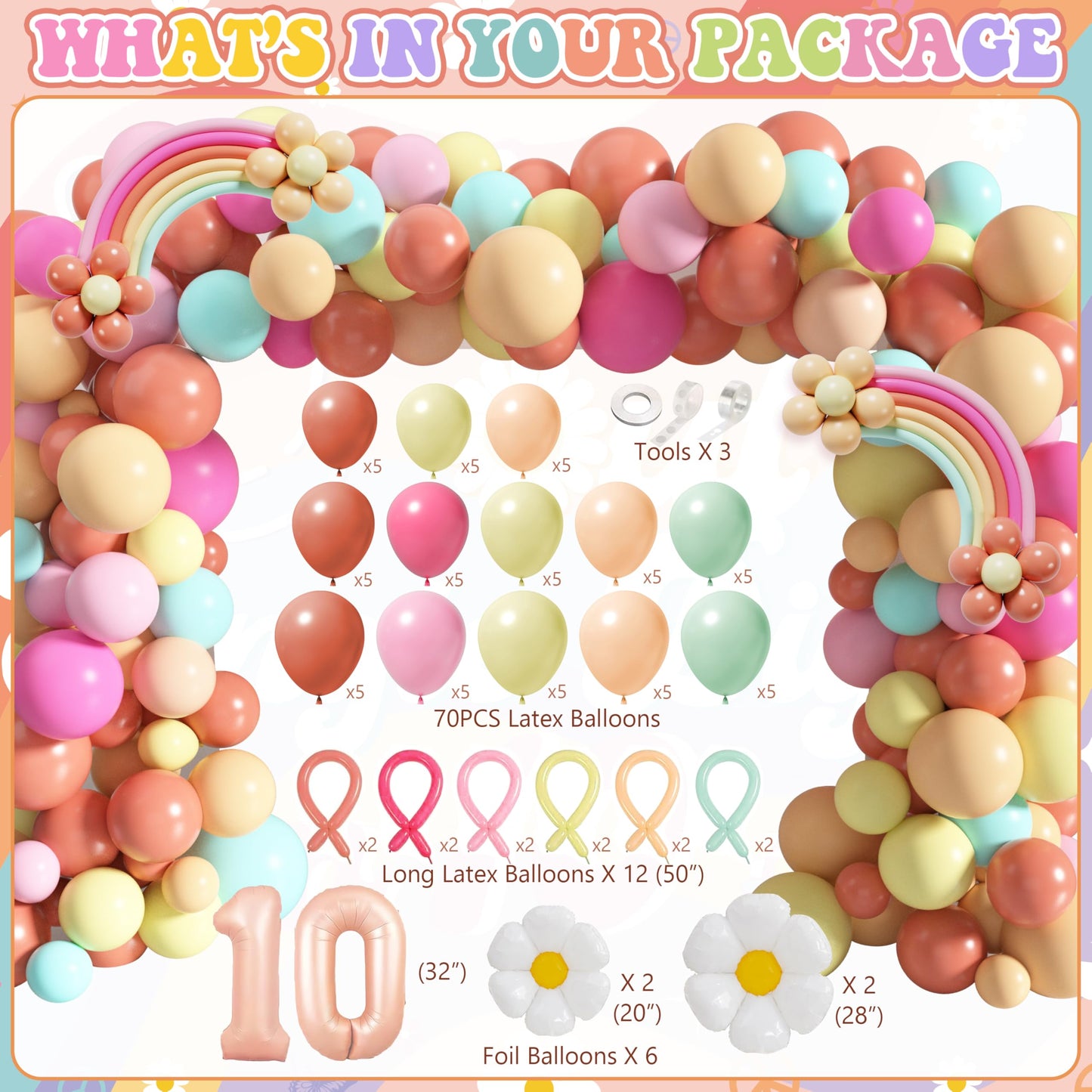 10th Birthday Decorations for Girl, Peace Out Single Digits Party Decor Groovy 10th Birthday Decor Boho I'm 10 Backdrop Banner Tablecloth Cake Topper Honeycomb Centerpieces Hanging Swirls Balloons Set