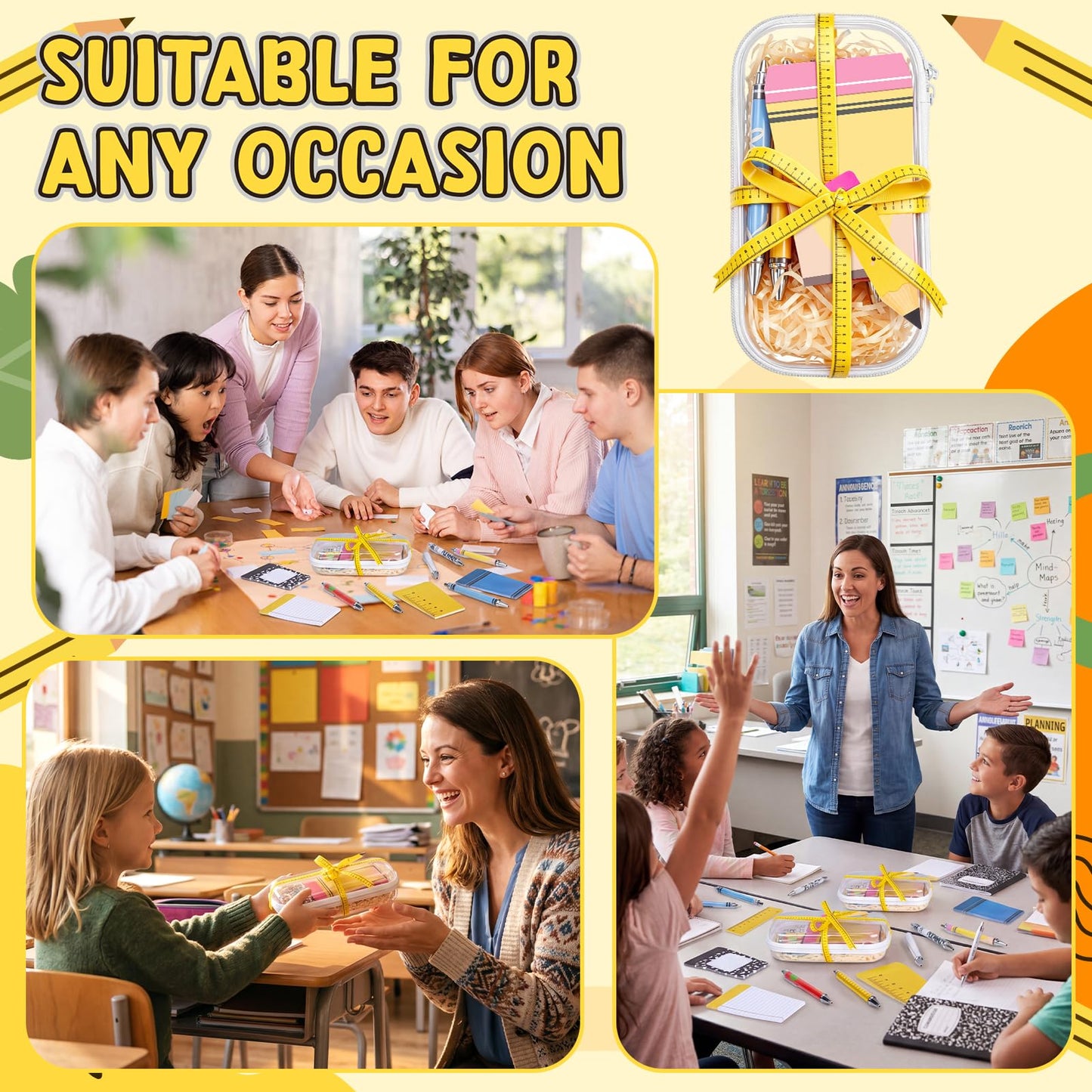 Landhoow 6 Sets Teacher Appreciation Gifts Hard Sided Clear Zipper Case Scroll Pen Sticky Notes Double-Sided Hang Tag Ribbon Measuring Tape for Back to School Gifts Graduation Party Favors