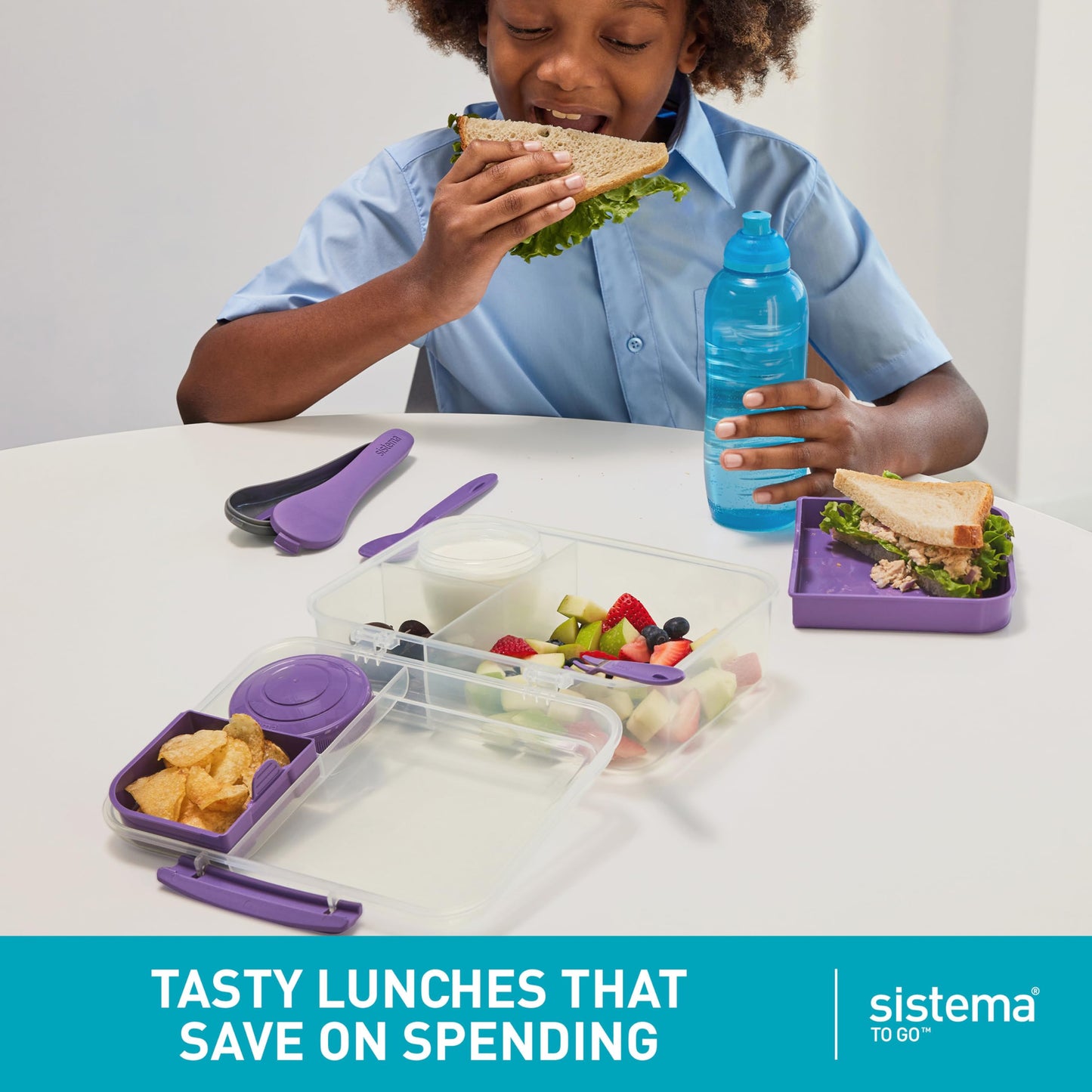 Sistema To Go 1.48L (2-Pack) Bento Box Food Storage Containers, School Lunch Boxes with Removable Dividers & Snack Pot, Two 1.48L Containers, Freezer, Microwave, & Dishwasher-Safe, BPA-Free