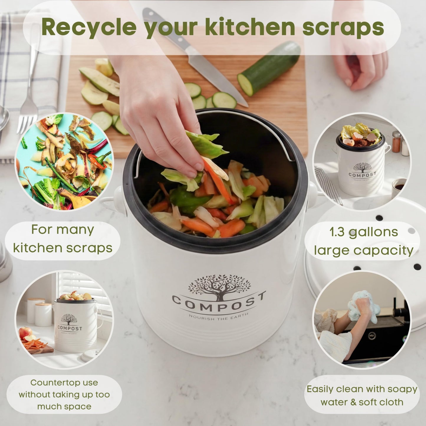 Perfnique Kitchen Compost Bin, 1.3 Gallon Countertop Compost Bin with Lid, Indoor Compost Bucket Includes Inner Bucket Liner and Carbon Filter, Small Compost Bin (Without Bags, Cream)