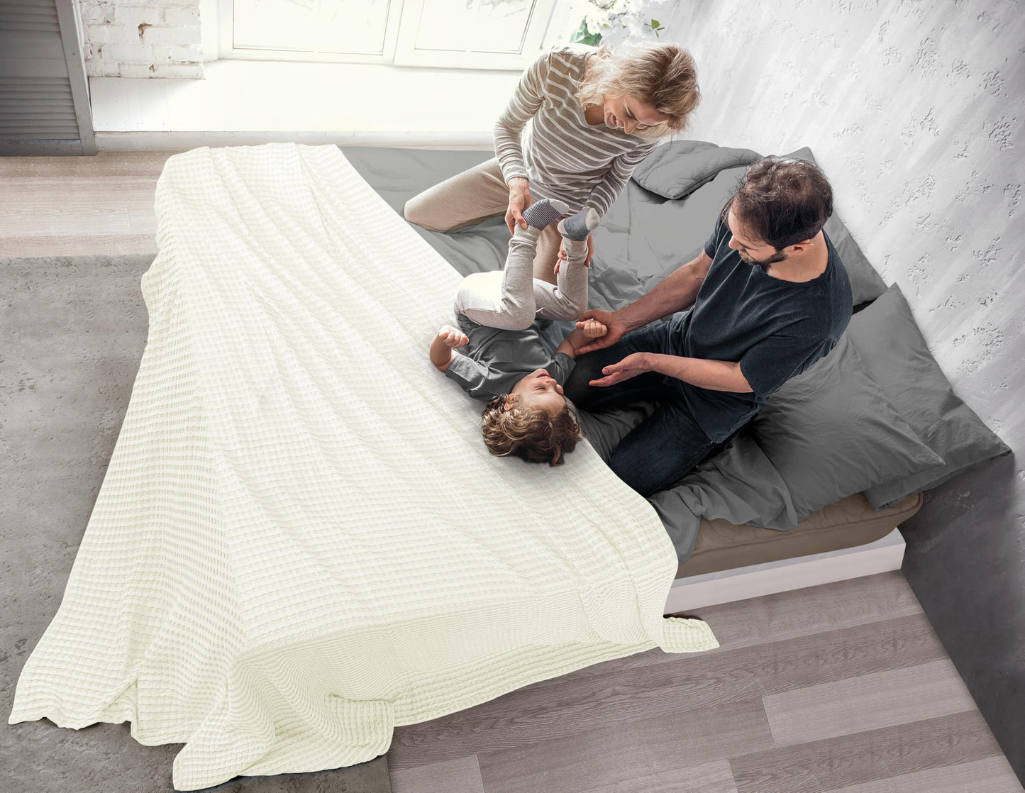 Utopia Bedding 100% Cotton Waffle Weave Blanket Queen Size for Bed - Lightweight, Breathable Summer Blankets Soft and Cozy, Gifts for Women Home Room Decor (Ivory, 90x90 Inch)
