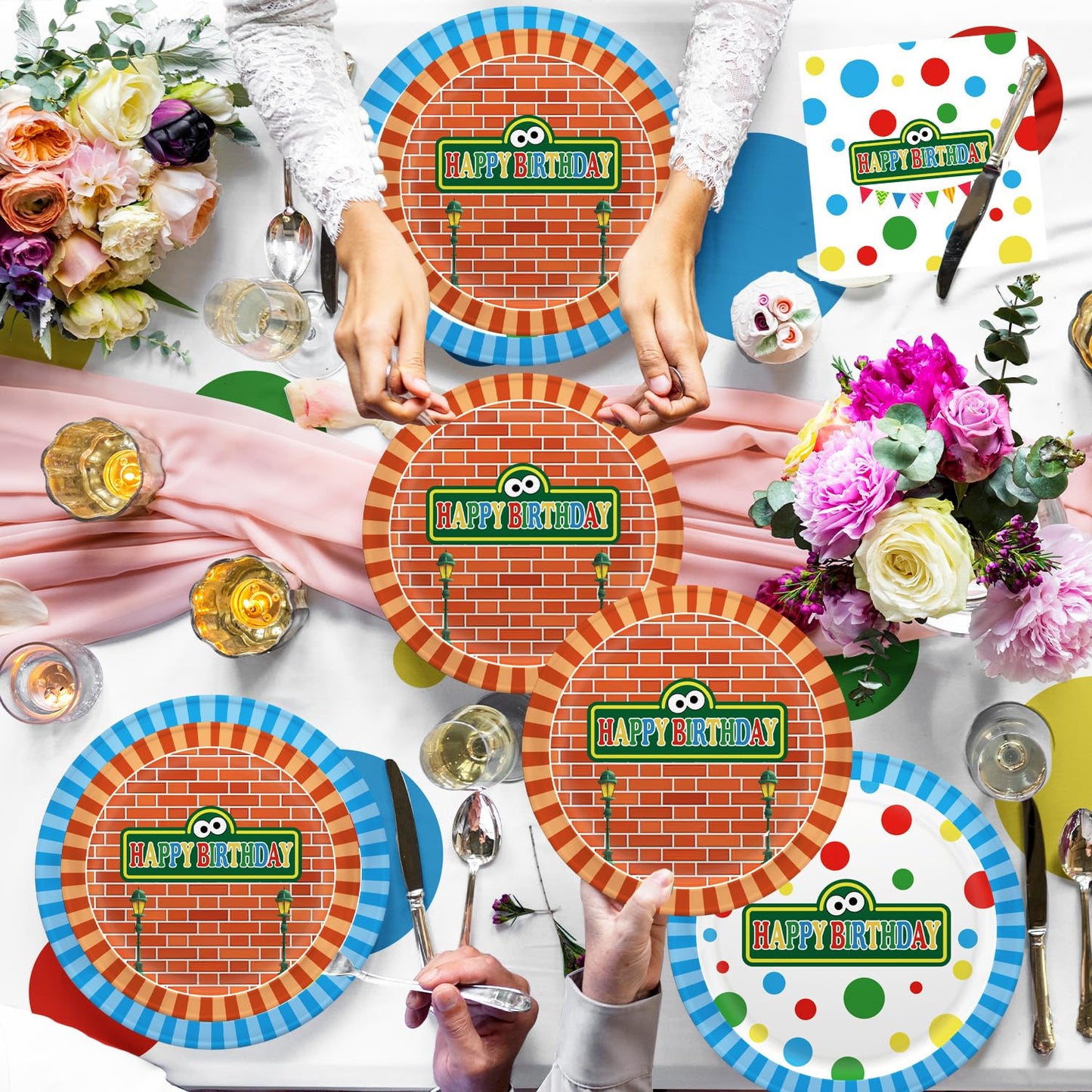 104pcs Birthday Party Decorations Cute Theme Tableware Set Include 9 Inches Plates, 7 Inches Plates, Happy Birthday Banner, Ballons, Napkins, Cups, Tablecloth, Cake Toppers and Cupcake Toppers