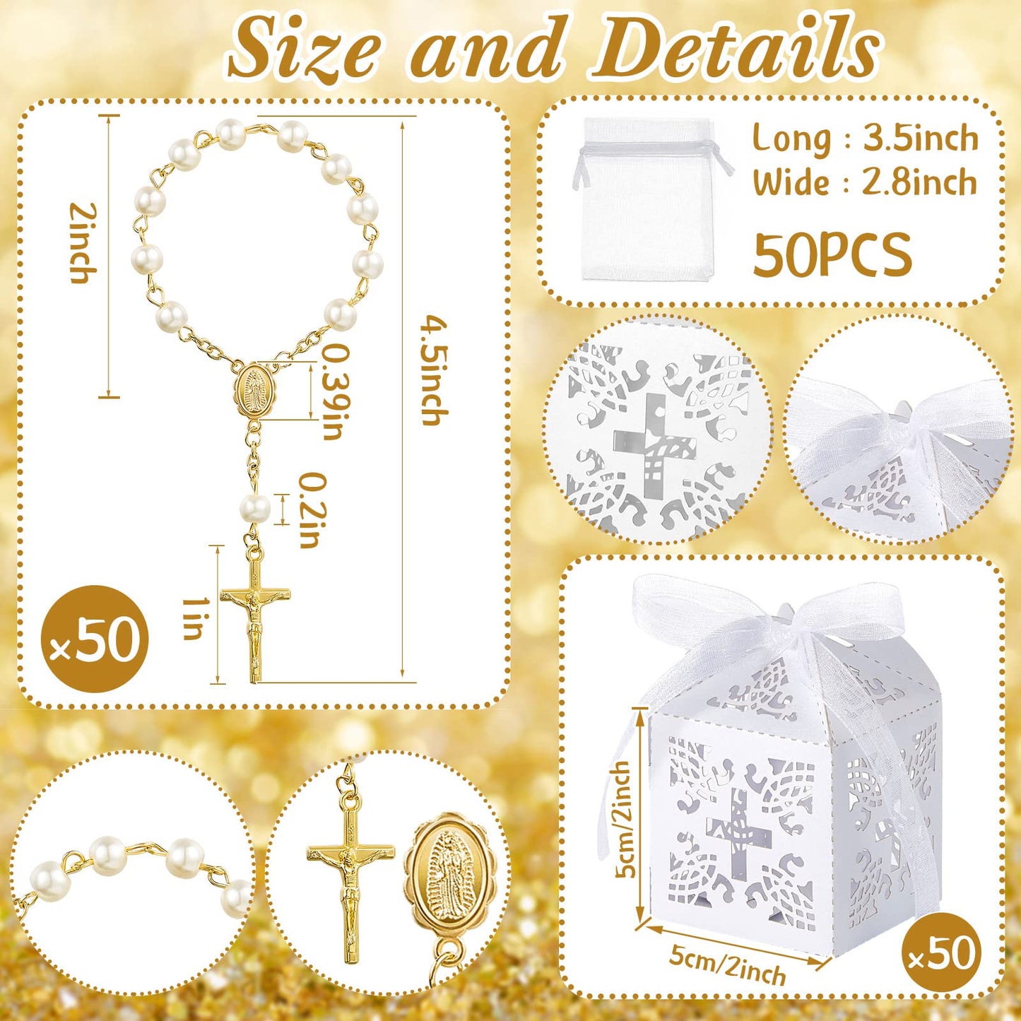 Bonuci 50 Packs Baptism Favors Set Acrylic Rosary Beads Faux Pearls with Organza Bags and Cross Baptism Favor Boxes Recuerdo De Boda Y Bautizo for Christening Weddings Party Favors(Gold,Pearl)
