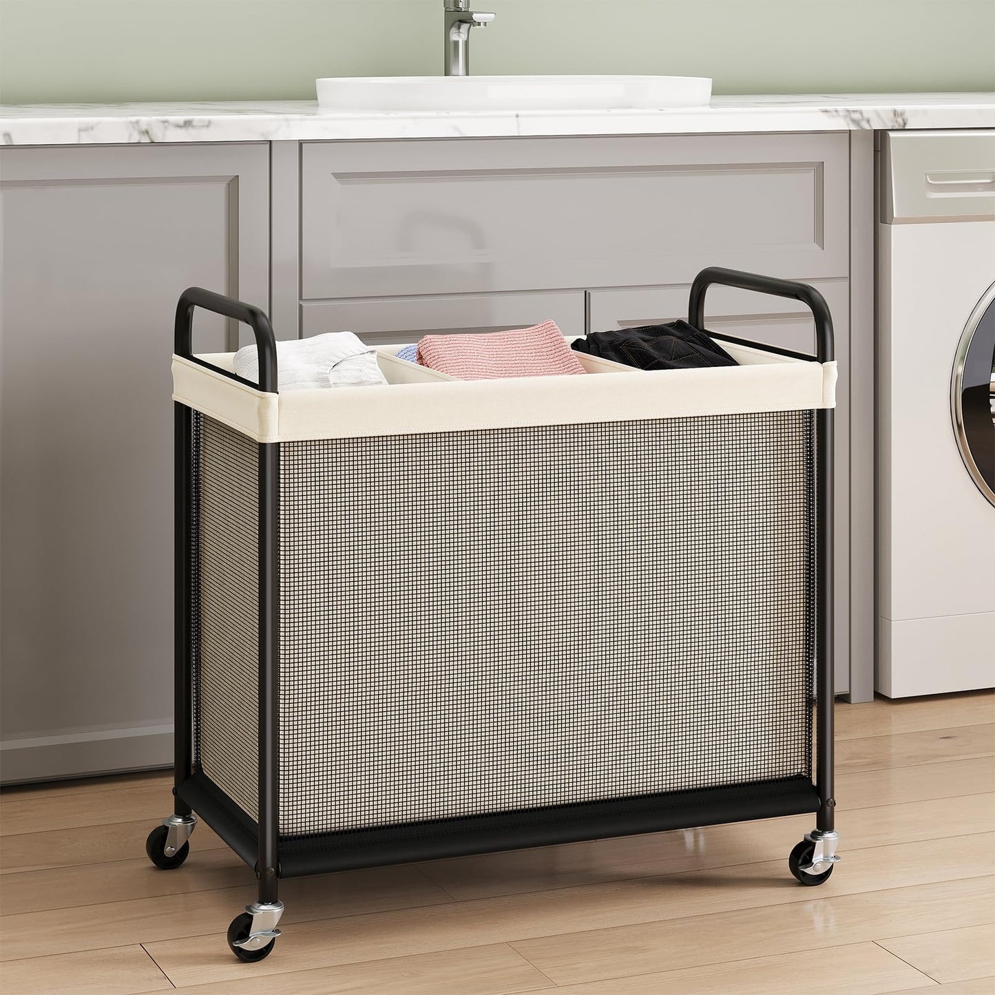 ELYKEN Laundry Hamper 3 Section, 120L Rolling Laundry Sorter with Removable Liner Bag, Laundry Basket with Wheels, Steel Frame with Metal Handle, Clothes Hamper Cart for Laundry Room & Bedroom