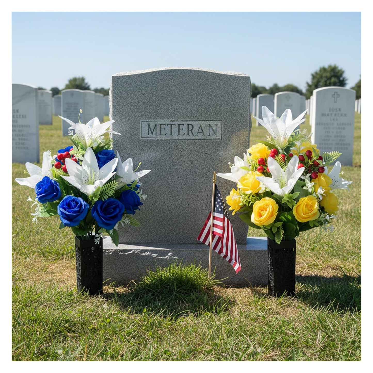 RUMEAVAO 2 Sets Artificial Silk Cemetery Flowers, Memorial Flowers for Gravesite, Blue & Yellow Roses Lily Bouquet, Memorial Day Mother's Day Grave Decorations