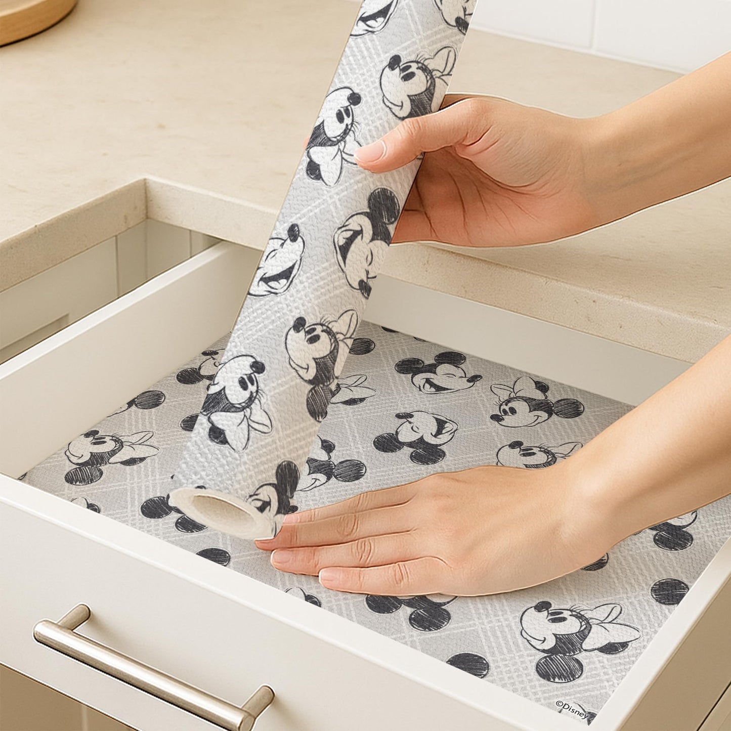 Disney Non Adhesive Shelf Liner – 18”x 10 ft Water-Resistant Drawer Liners for Kitchen Cabinets, Pantry, Fridge & Dressers – Easy Cut Cabinet Liner Roll- Mickey Mouse, Stitch & Winnie The Pooh