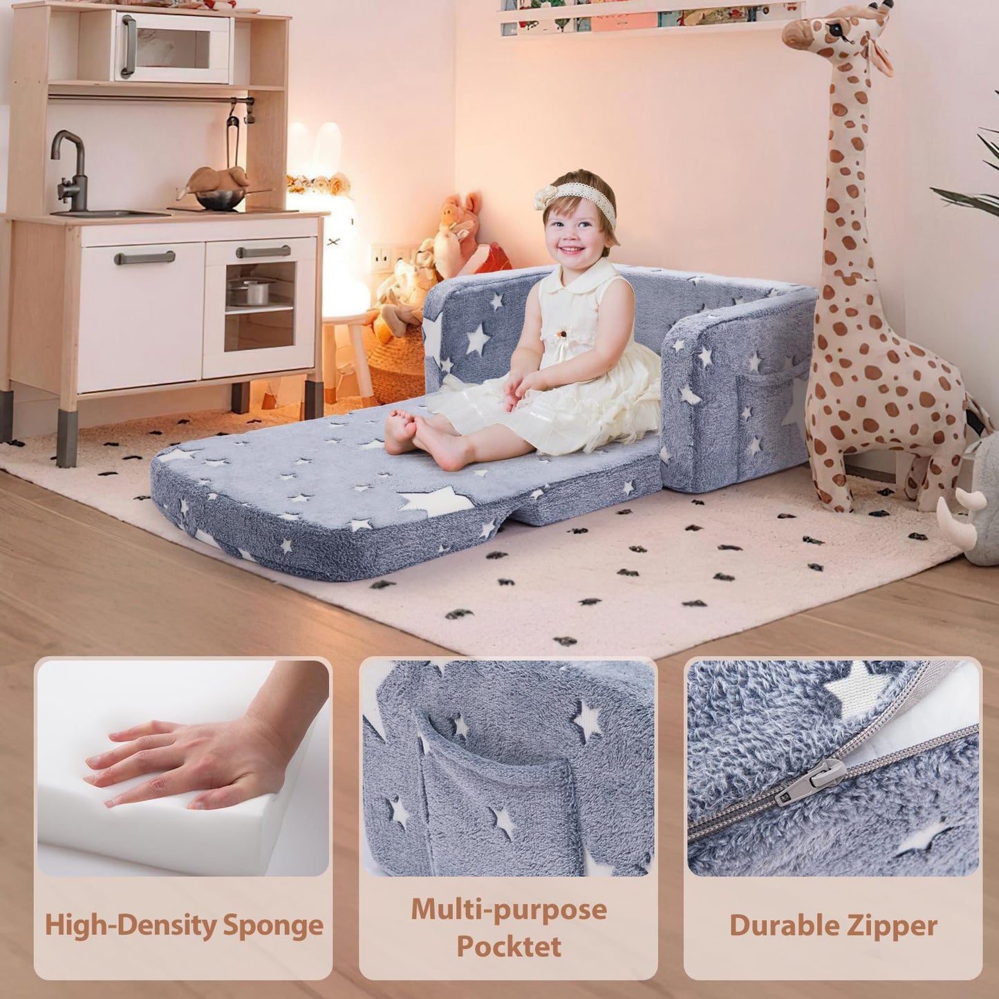 Foryoomi Extra Wide Kids Couch, 2-in-1 Soft Couch with Blanket, Glow in The Dark, Comfy Chair with Cloud Pillow, Convertible Sofa, Star