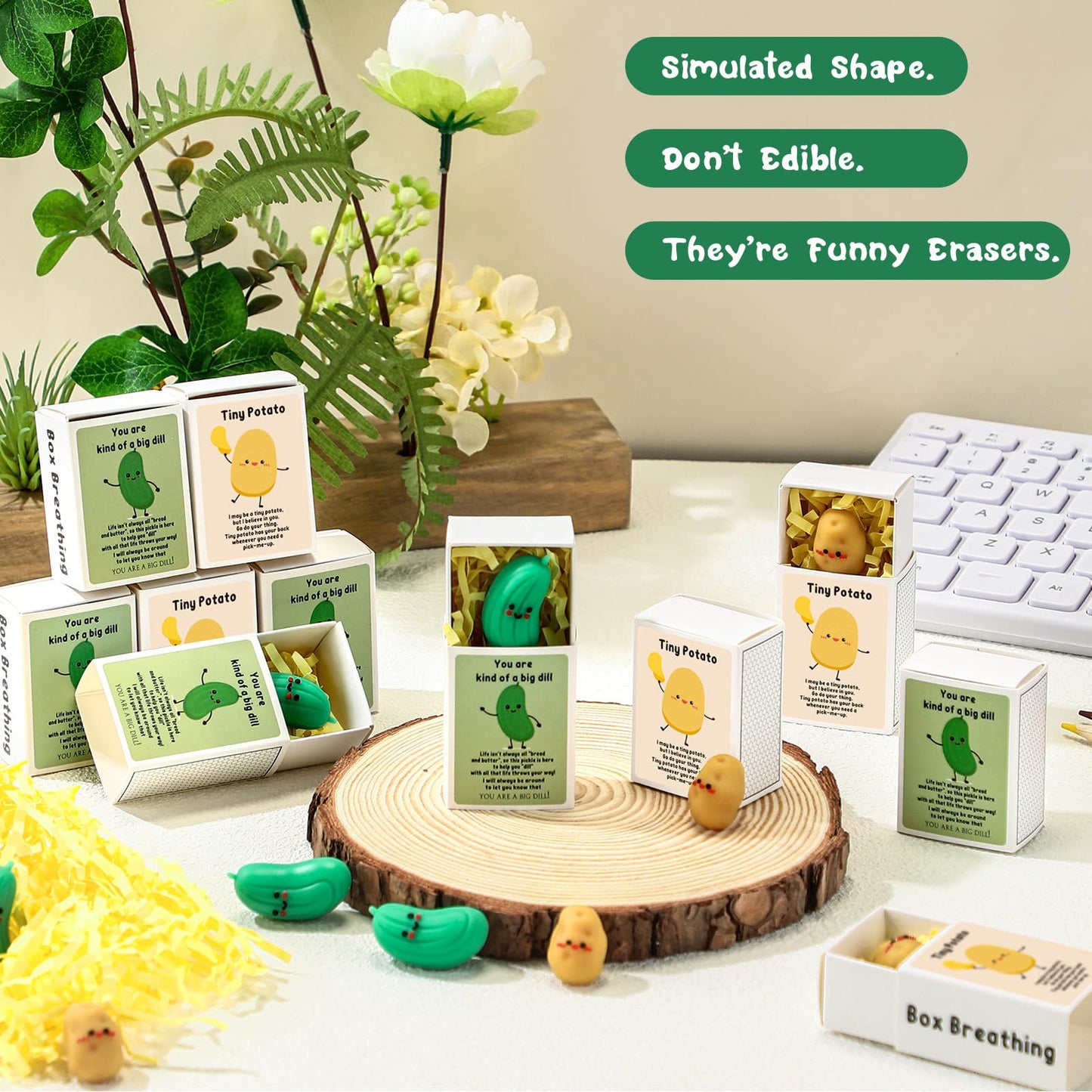 Sinload 100 Sets Emotional Positive Potato Pickle Eraser Desk Pet End of School Year Gift for Teacher Nurse Coworker with Box Raffia Pocket Hug Appreciation Gift for Office Team Staff Employee Friend