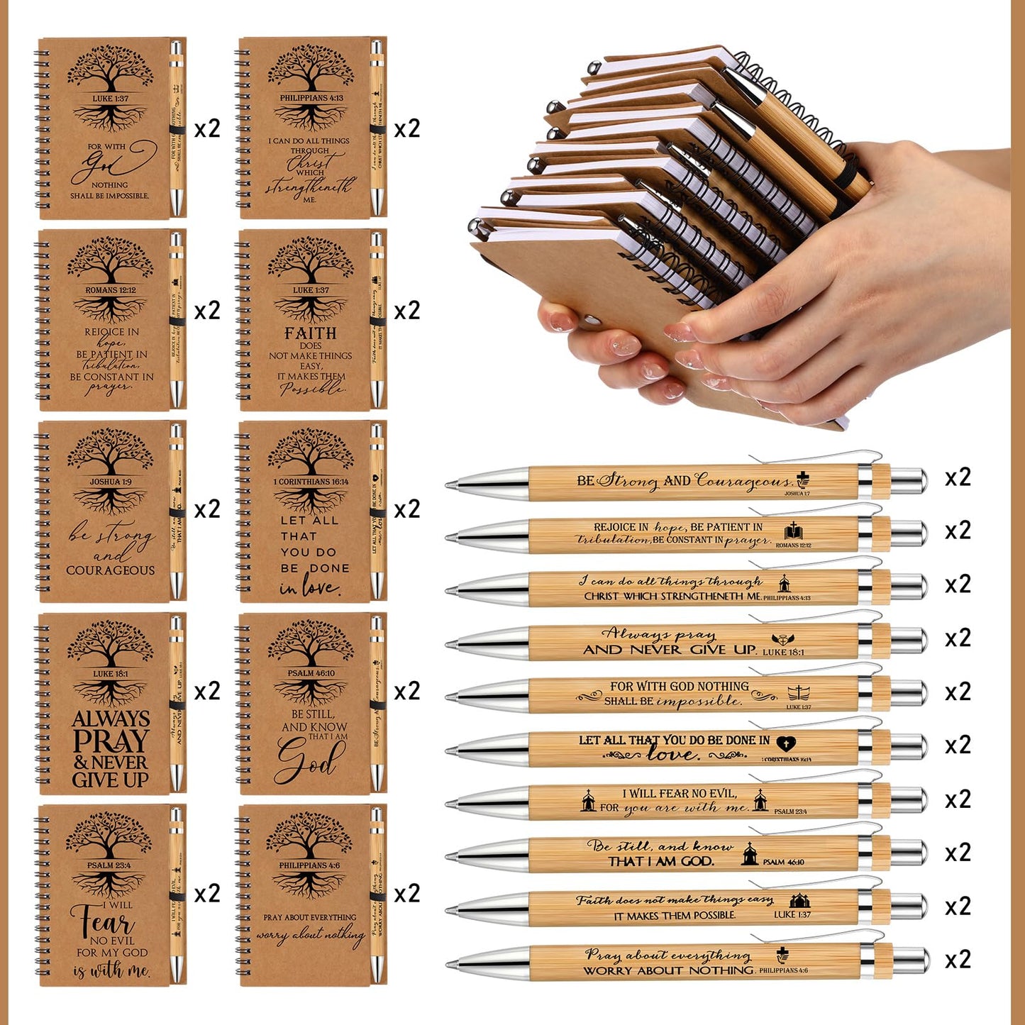 Kosiz 40 Pcs/20 Set Fathers Day Christian Gifts Bulk Religious Spiral Notebook with Bible Verse Pen Prayer Journal Inspirational Notepad for Men Women Church Birthday Bible Study (English Tree of Life)