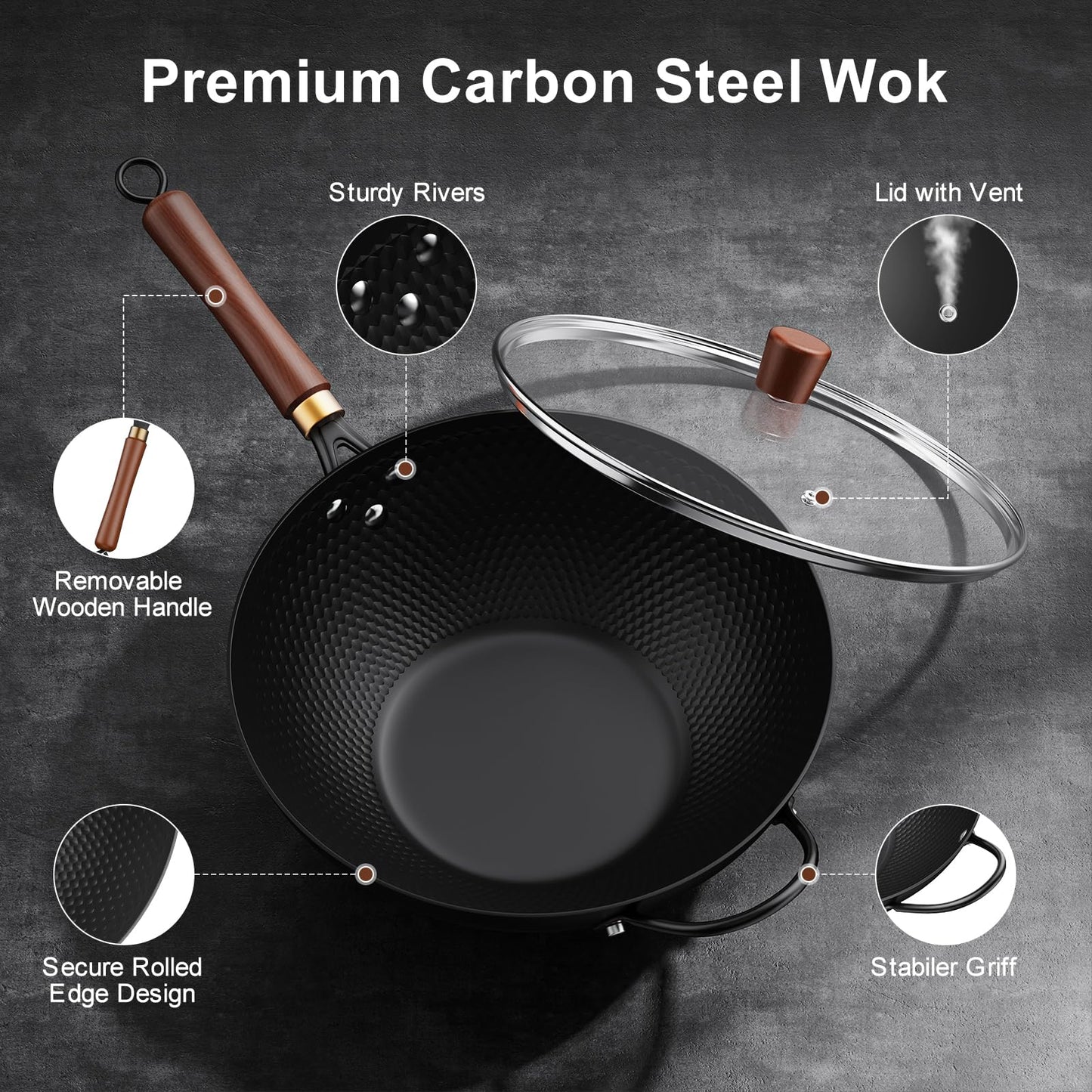 Todlabe 13-Inch Carbon Steel Wok Pan with Glass Lid, Naturally Nonstick Pre-Seasoned Woks & Stir-Fry Pans, No Chemical Coating, Flat Bottom for Induction, Gas, Electric, Halogen & All Stoves