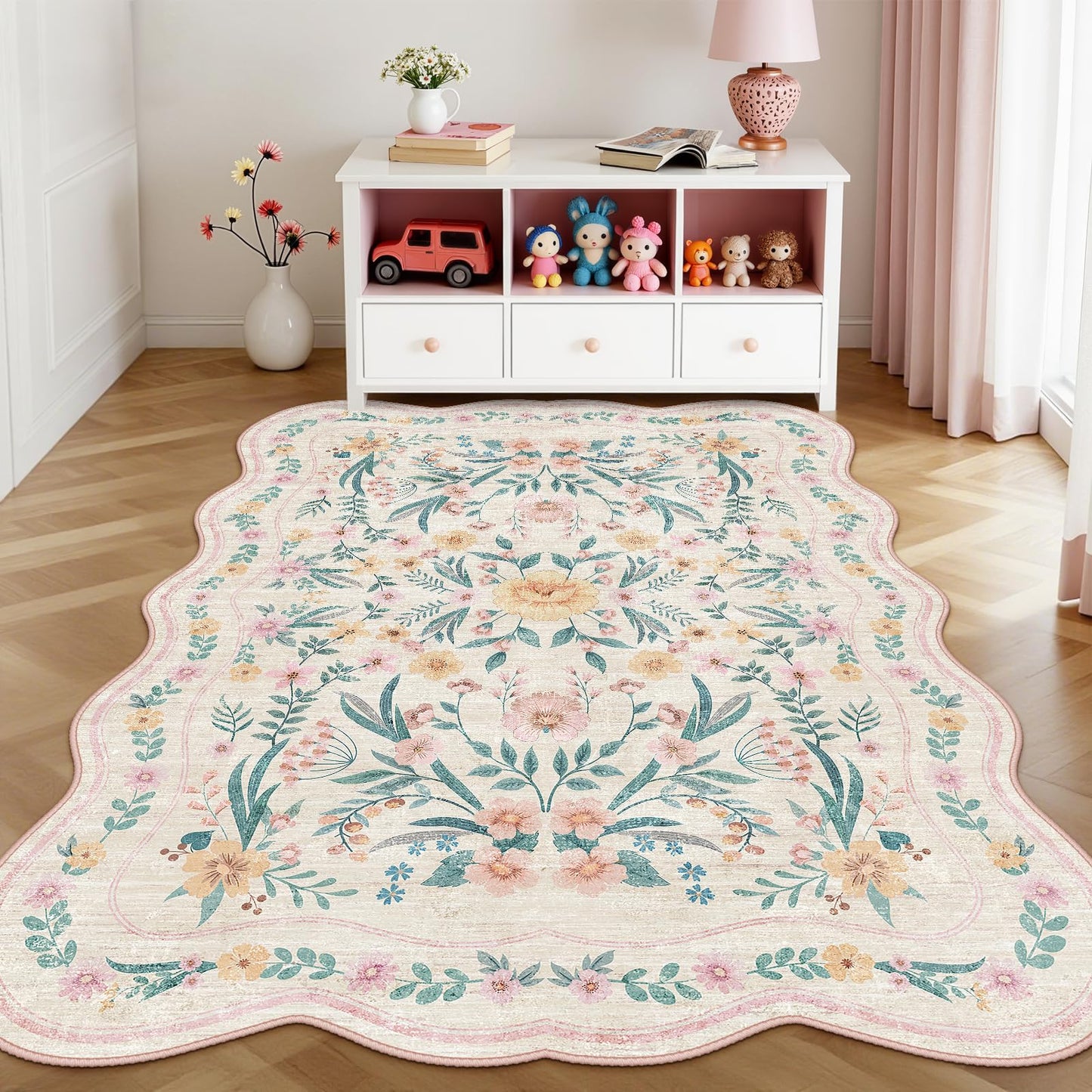 Dadasgk Pink Floral Rug 5X7 for Girls Bedroom or Nursery, Scalloped Washable Non-Slip Area Rug, Cute Soft Boho Carpet for Kids Room, Dorm, or Playroom