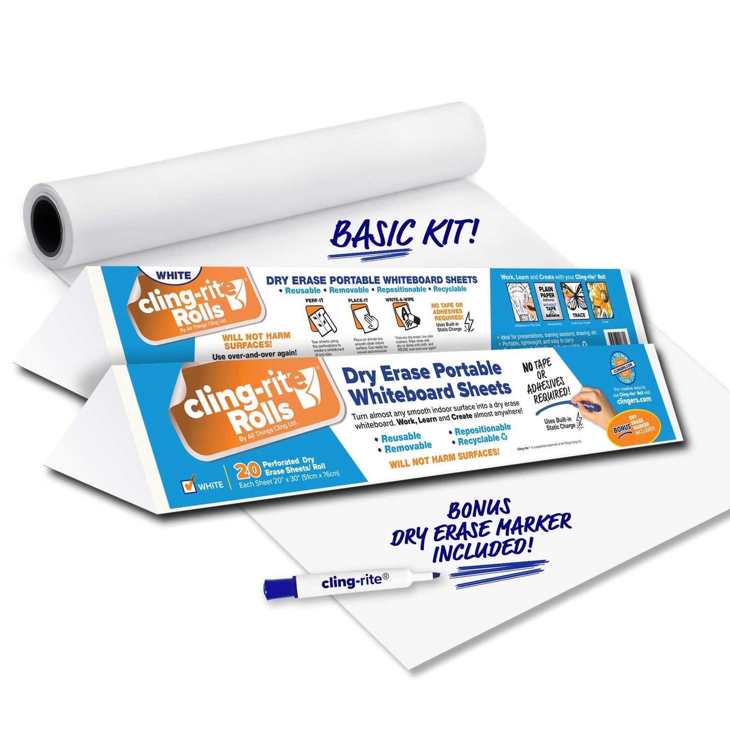 Clingers Dry Erase Cling-rite Roll Basic - Removable, Recyclable Whiteboard, 50' ft Roll, 20x30 Inch Sheets for School, Home, Office Decor, and Art Projects & Dry Erase Marker - American Made