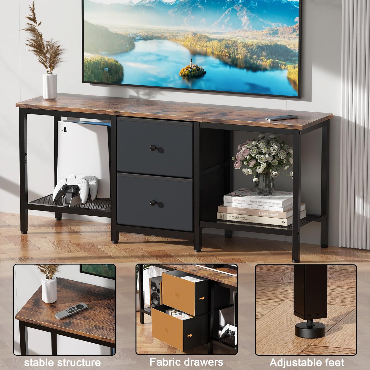 Smoproper TV Stand Suitable for TVs up to 55 Inches, Entertainment Center with Storage Drawers and Shelves, Media Console Table for Living Room and Bedroom (Brown Black)