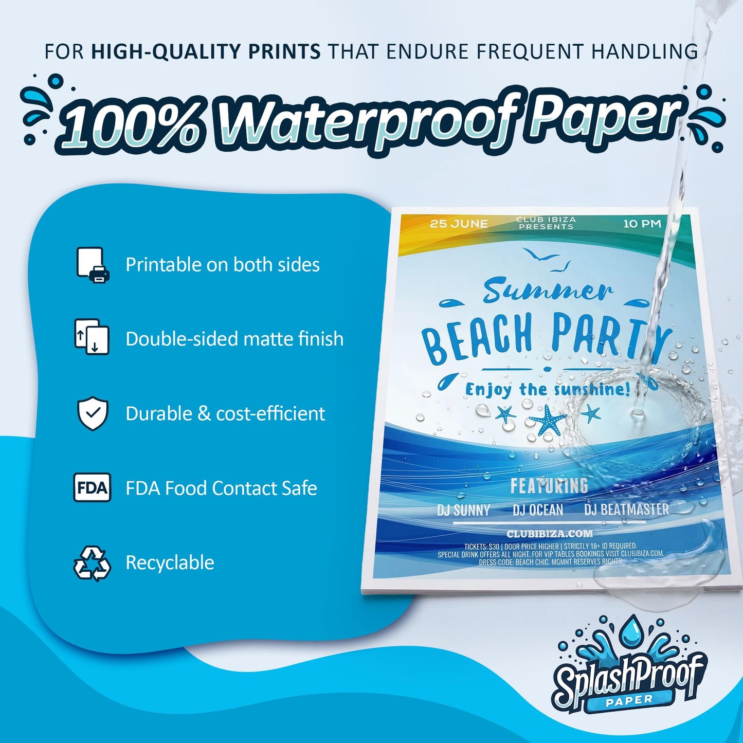 SplashProof Printer Paper - 8.5" x 11", 10 Mil Waterproof Paper, Laser Printer & Copy Machine Compatible (50 Sheets)