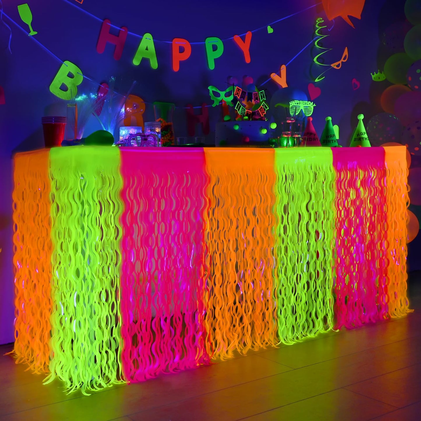 Mega-L Glow in The Dark Party Supplies, 4 Pack Neon Party Decorations Fluorescent Macaron Orange, Yellow and Fuchsia Wavy Metallic Tinsel Foil Fringe Table Skirt, Perfect Glow Birthday Party Decor