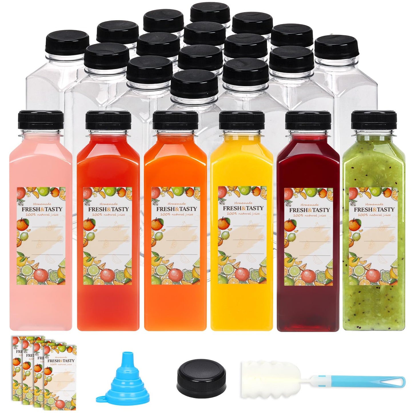 TOMNK 32pcs 16oz Plastic Juice Bottles with Lids, Juice Containers with Caps and Labels, Funnel, Brush, Beverage Containers for Juicing, Smoothies, Tea, Milk