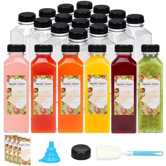 TOMNK 32pcs 16oz Plastic Juice Bottles with Lids, Juice Containers with Caps and Labels, Funnel, Brush, Beverage Containers for Juicing, Smoothies, Tea, Milk