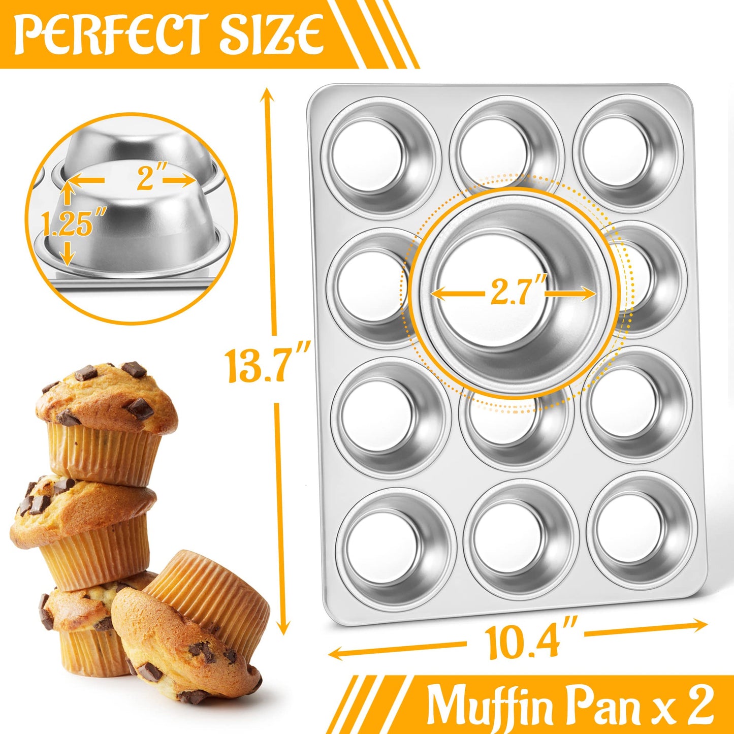 E-far Muffin Pan 12-Cup, Set of 2, Stainless Steel Cupcake Pan Metal Muffin Baking Tins for Oven, Regular Size & Easy Clean, Non-toxic & Dishwasher Safe