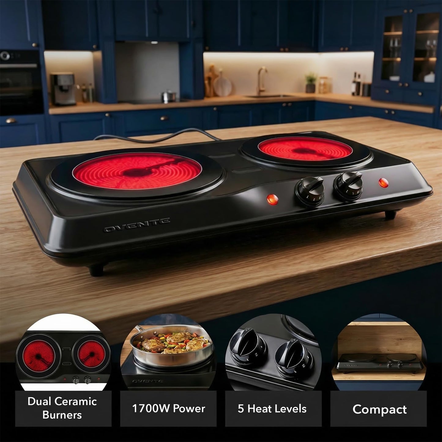 OVENTE Countertop Infrared Double Burner, 1700W Electric Hot Plate and Portable Stove with 7.75" and 6.75" Ceramic Glass Cooktop, 5 Level Temperature Setting and Easy to Clean Base, Black BGI102B