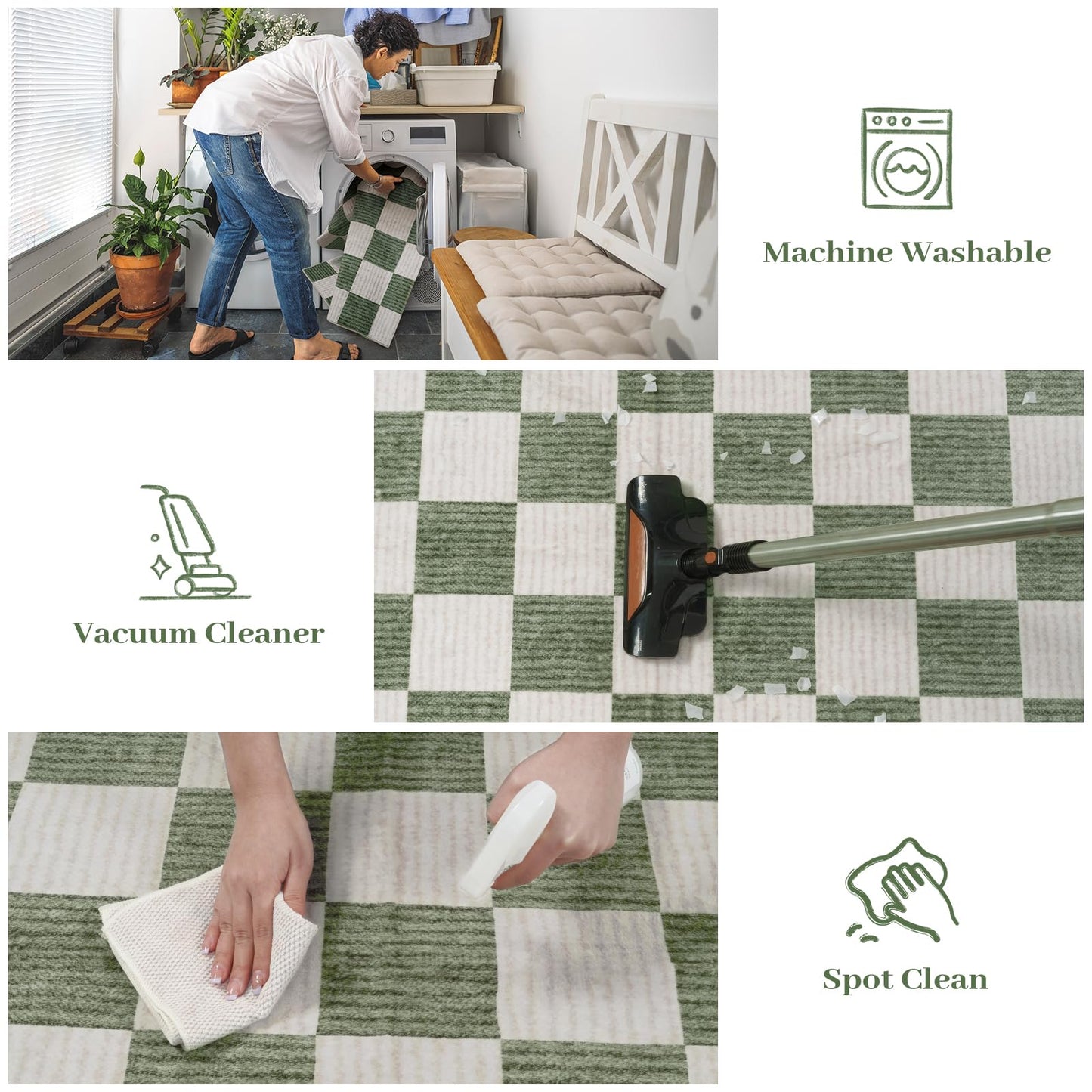 Machine Washable 5x7 Area Rugs for Living Room Checkered, Non Slip Soft Low Pile Farmhouse Geometric Modern Neutral Playroom Boys Rugs for Bedroom, Large Carpet Rugs for Dining Room(Sage Green,5'x7')