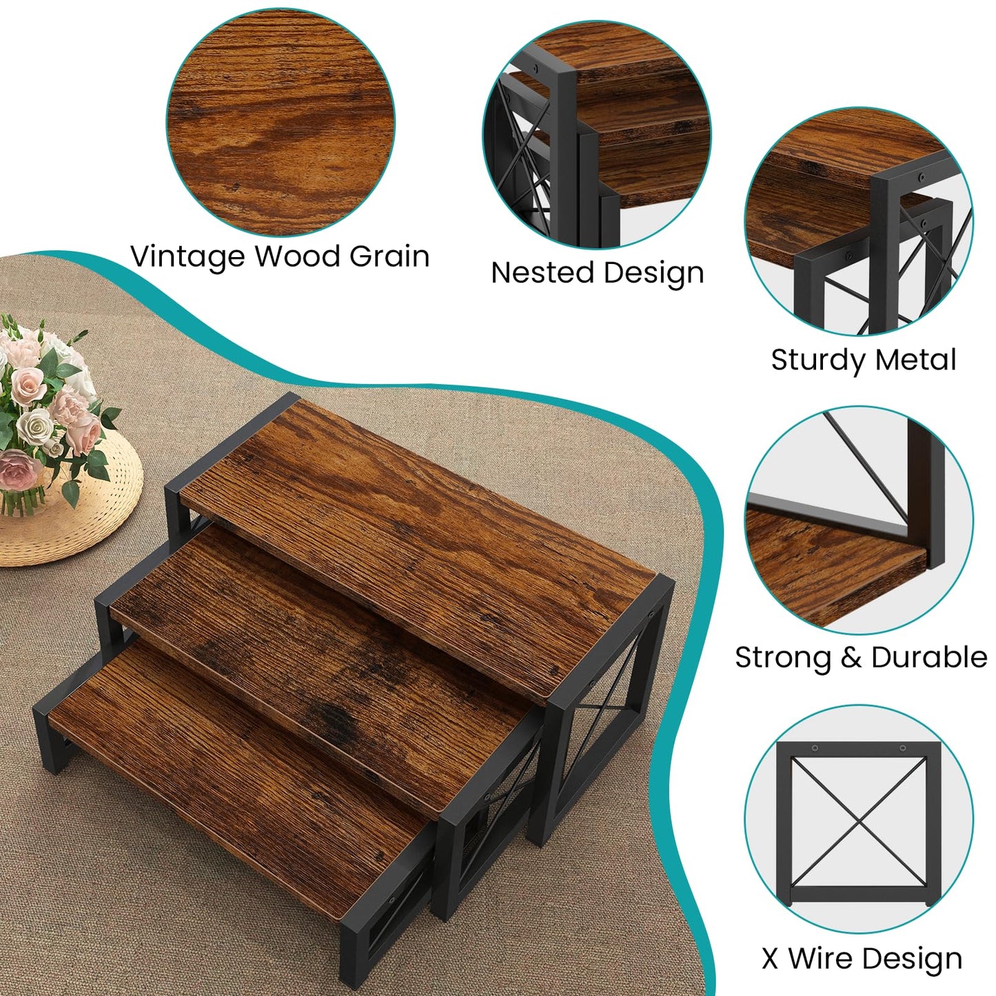 ELITEROO 3 Tier Cupcake Stand & Wood Display Risers, Dessert Stands for Cup Cake or Food, Riser Display Stand for Perfume Collectibles, Tiered Shelf Organizer for Market Retail Vendors, Rustic Brown
