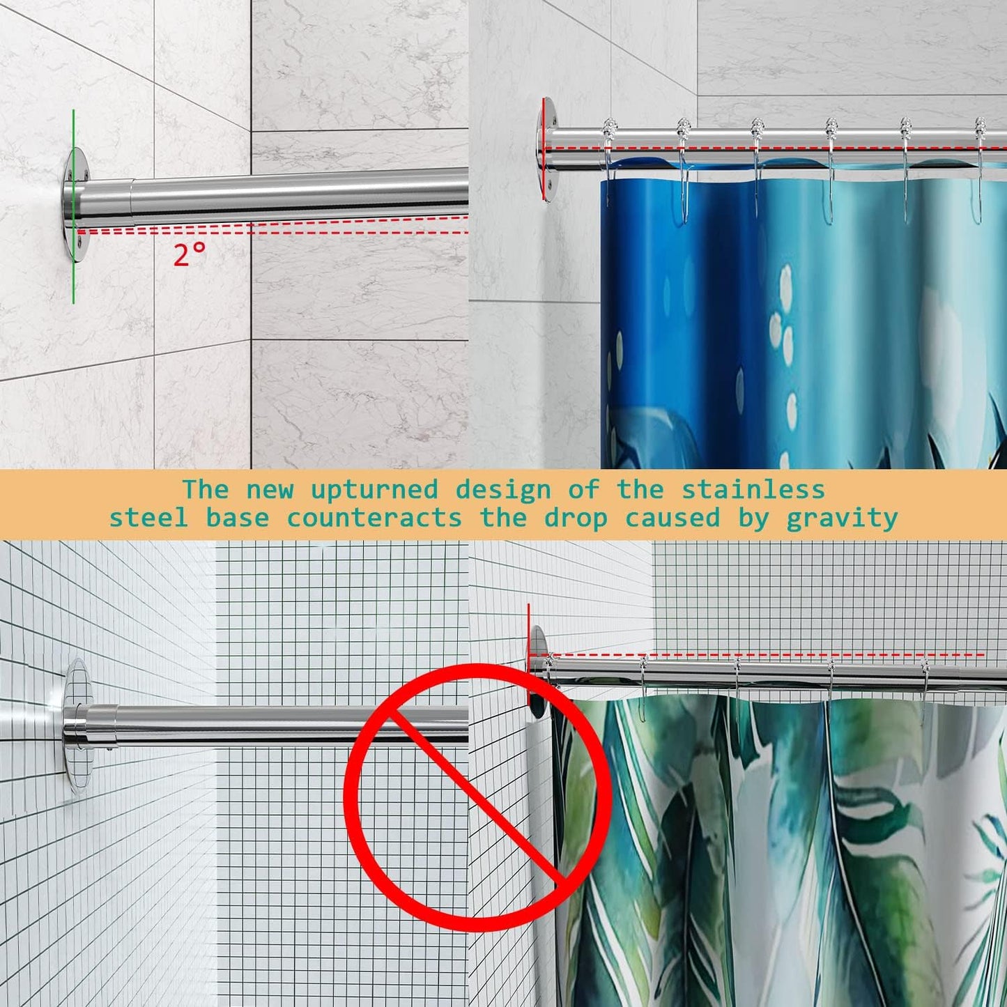 L Shaped Shower Curtain Rod, Adjustable (23.6"-52.4" x 23.6"-52.4"), Corner Shower Curtain Rod, Genuine 304 Stainless Steel, Unsagging, Drill-Free, 90° Corner Design, Includes 12 Shower Curtain Rings