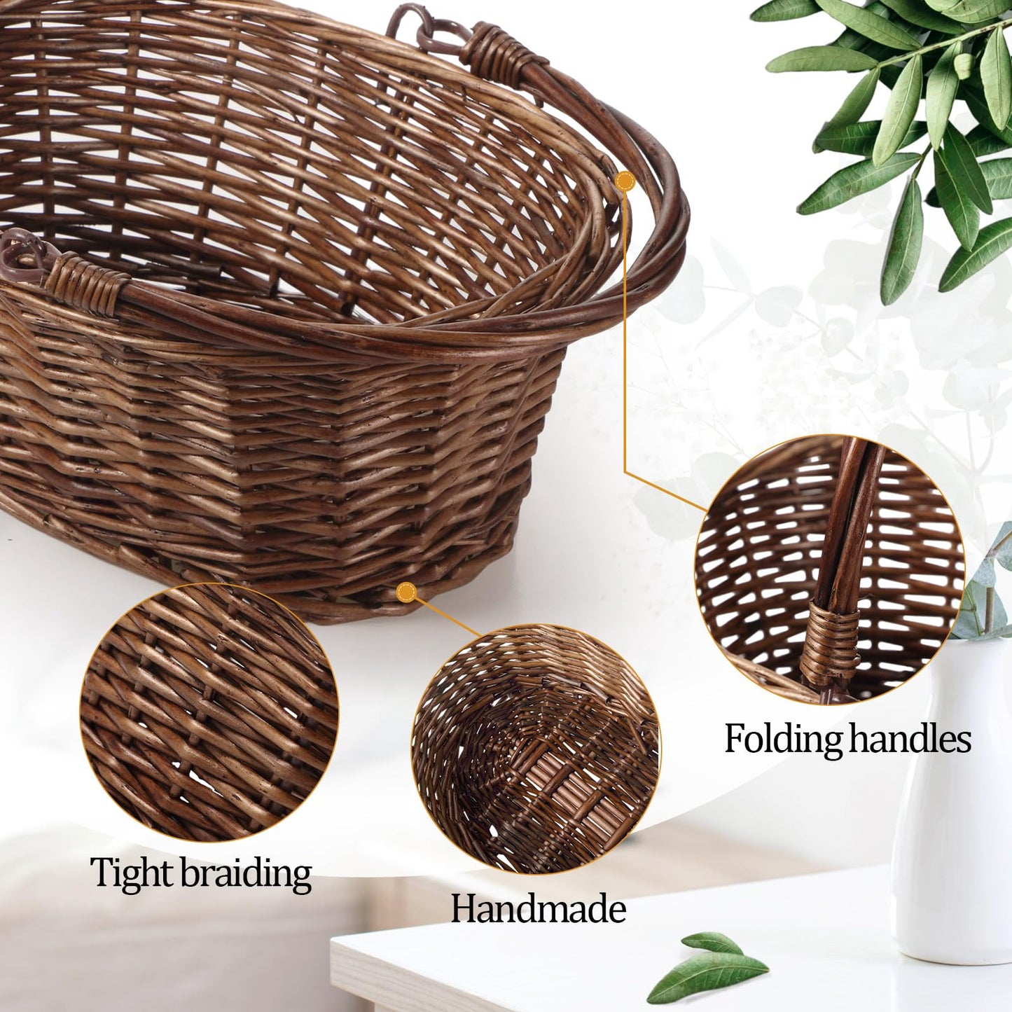 Barydat Small Wicker Basket with Handle Flower Girl Baskets Oval Willow Woven Braided Gift Basket for Weddings Picnic Baby Shower Home Garden Decor(6 Pcs,Brown,9" x 7" x 4")