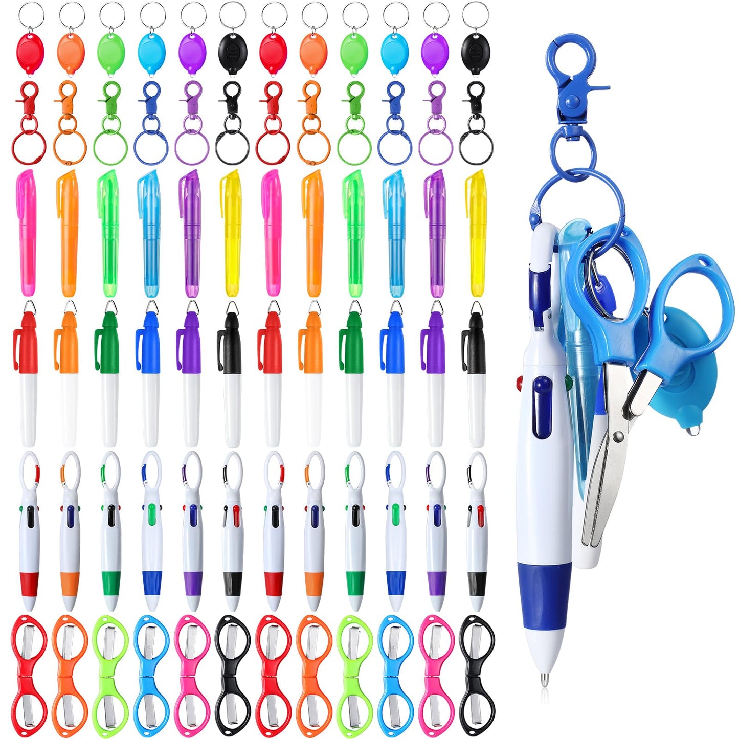 Glenmal 72 Pcs Badge Reel Mini Highlighter Nurse Pens Set with Mini Scissors Highlighter Retractable Neon Nurse Pen LED Keychain Clip Flashlight Key Ring for Nurse Accessories(Multicolor,Simple)