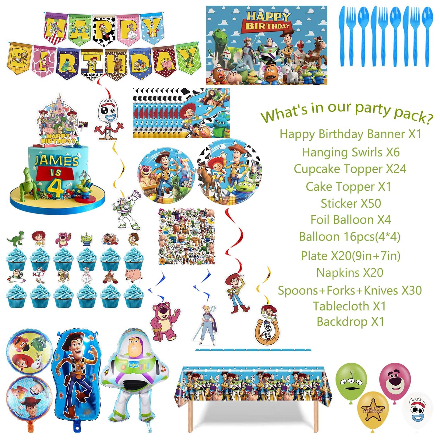 Cartoon Birthday Decorations, Cartoon Party Supplies - Happy Birthday Banner Balloons Plates Backdrop Cake Toppers Tablecloth Hanging Swirls Stickers