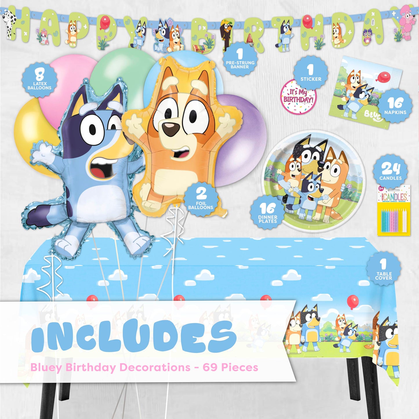 Bluey Birthday Decorations Girl Party Supplies for 16 - Officially Licensed Banner, Tablecloth, Foil and Latex Balloons, Plates and Napkins, Candles, Sticker