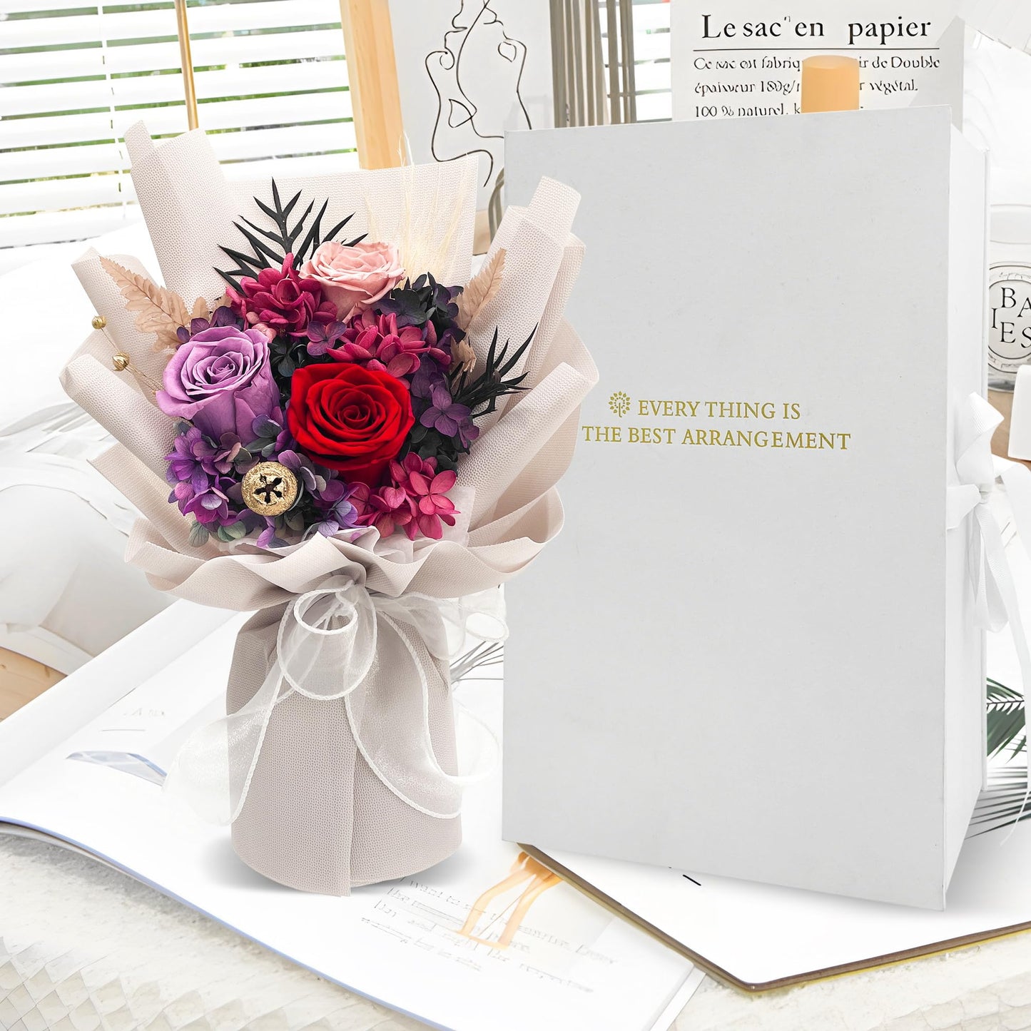 QOEAZY Flowers for Delivery, Preserved Flowers Bouquet with Gift Box, Rose Gifts for Women Mom Grandma