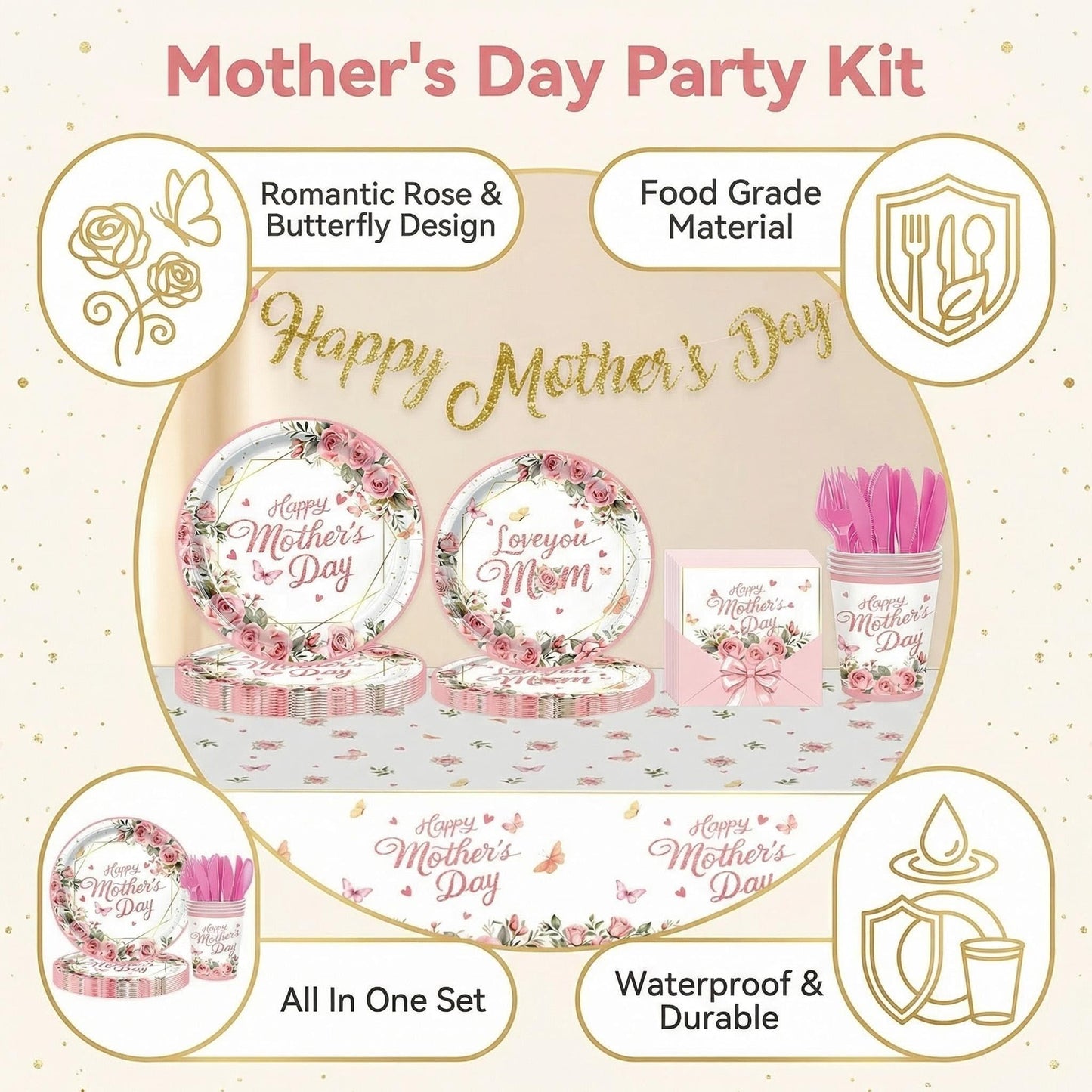 Happy Mothers Day Decorations Plates Set for Party - Serves 24, Includes Happy Mothers Day Banner, 2 Mothers Day Tablecloths, Pink Floral Plates, Napkins, Cups Table Decor Sign for Mom