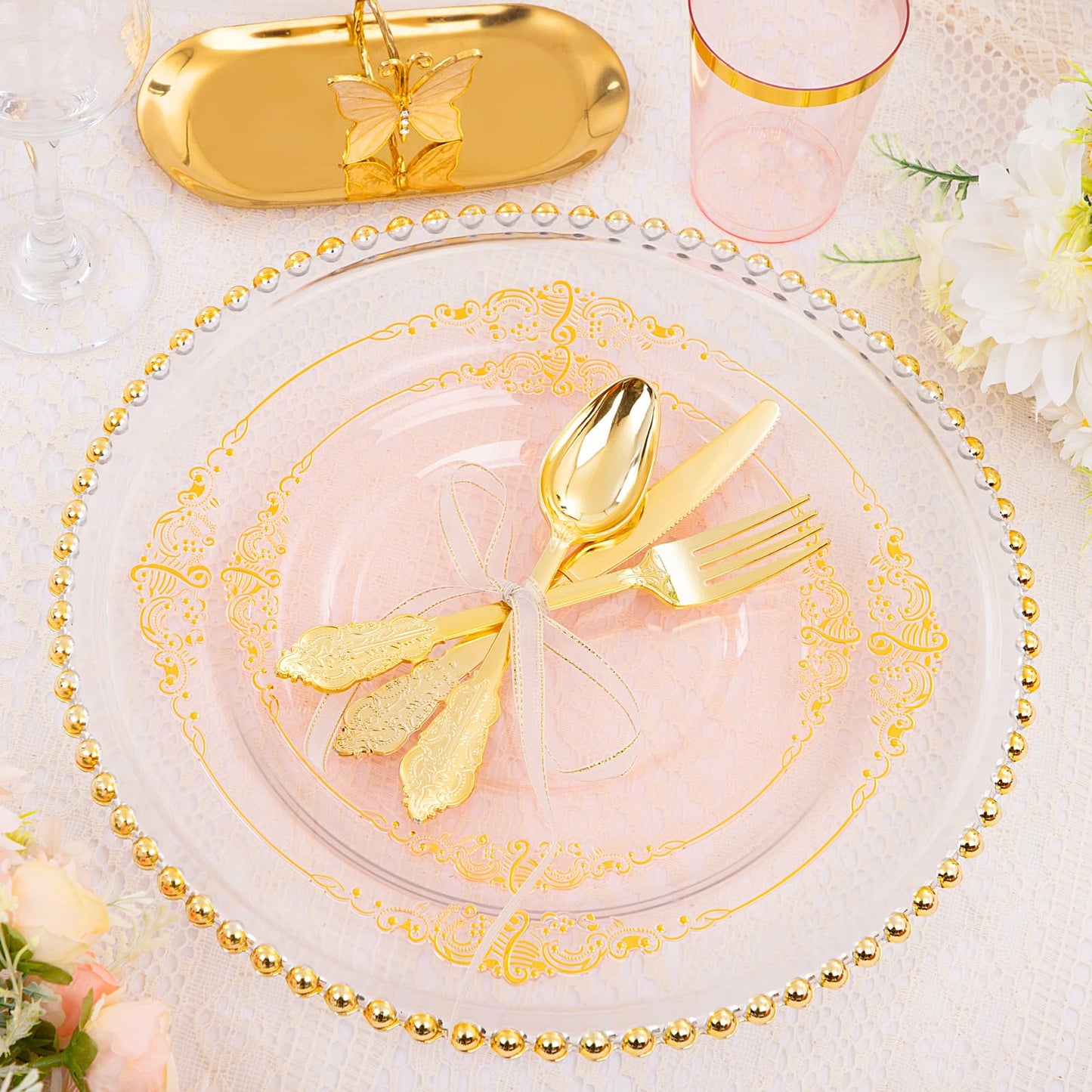 Hioasis 175pcs Pink and Gold Plates - Pink Party Plates for 25 Guest, Include 50 Heavy-duty Plates(20% Thicker Than Standard), 75 Cutlery Set, 25 Napkin, 25 Cups for Party & Easter