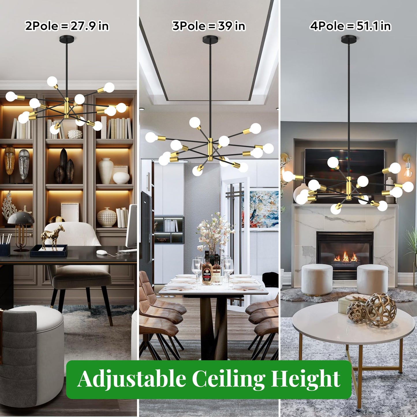 Phaosio Sputnik Chandelier 12-Light, Mid Century Modern Height Adjustable Ceiling Light Fixture for Dining Room, Kitchen Island, Living Room,Bedroom-Black and Gold
