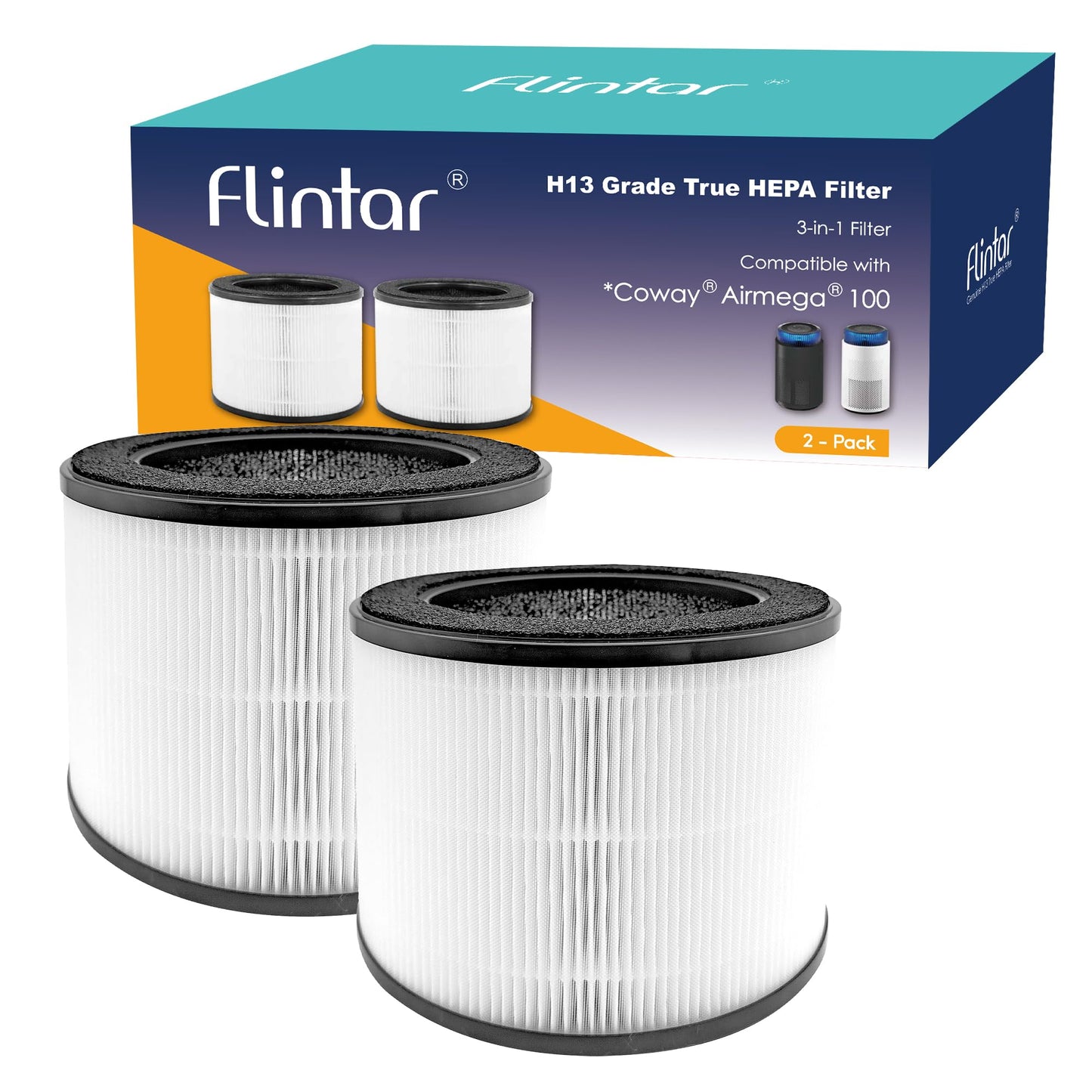 Flintar Replacement HEPA Filter, Compatible with Coway Airmega 100 Air Purifier, 3-in-1 Pre-filter, H13 True HEPA and Deodorization Filter Set (2- Pack)